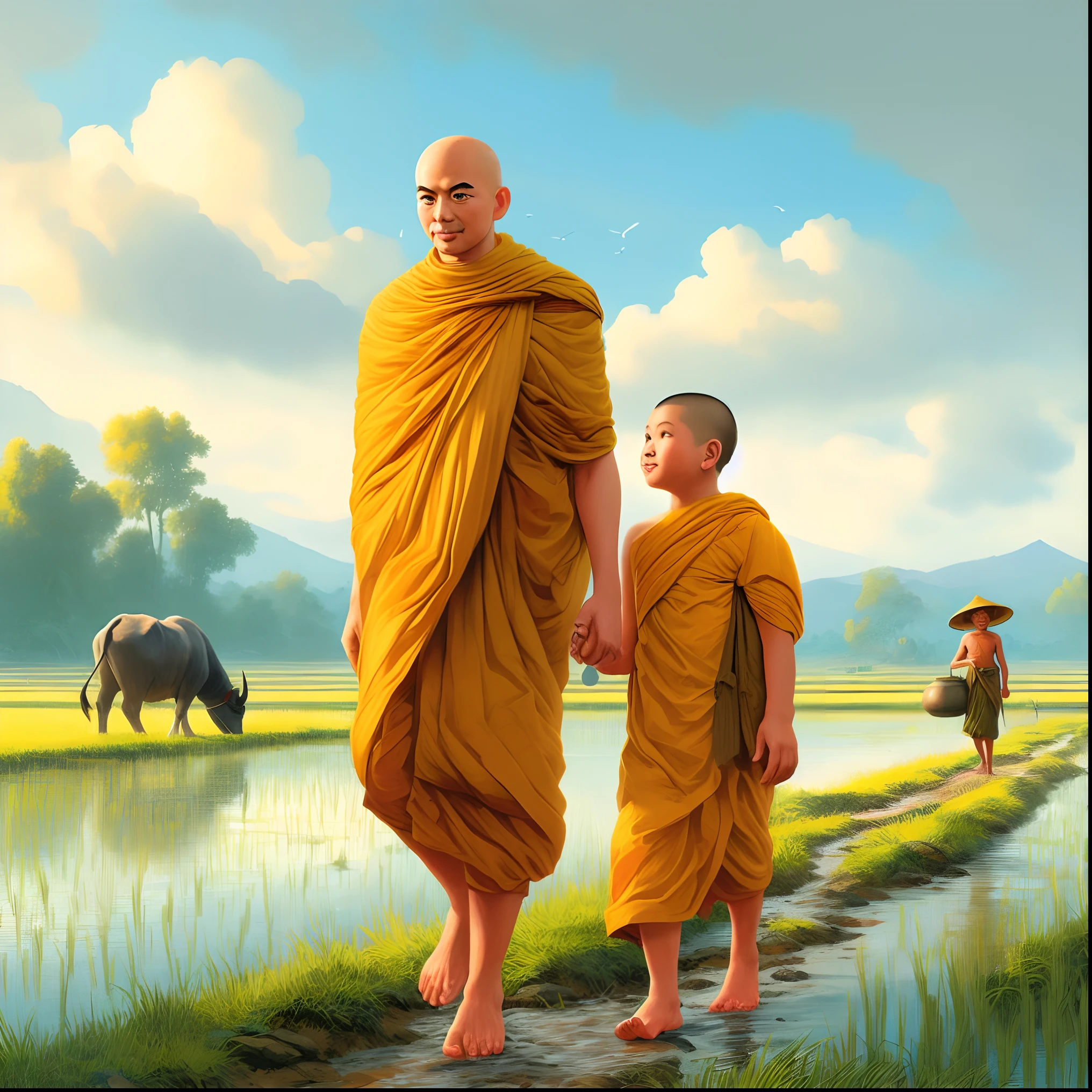 there are two monks walking down a path with a cow in the background, buddhist, monks, buddhism, monk, buddhist monk, monk clothes, 2 1 st century monk, on path to enlightenment, by Ma Quan, on the path to enlightenment, by John La Gatta, concept art of a monk, do hoang tuong artwork, portrait of monk