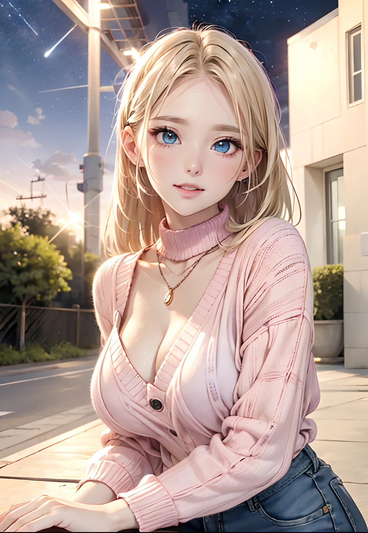 absurderes, ultra-detailliert,bright colour,(in 8K:1.3),masuter piece,extremely beautiful detailed face and eyes,8K,(Deep Blue Eyes:1.2),(Loose Size Pink Argyle Knit:1.4),(Short denim:1.2),Cute smile、Synchrosis Necklace、Stylish bracelets,Inside the boutique,(Full body:1.2) X-Hair,Aurora、city light、constellation、Crescent,intergalactic,lamp post, Particles of light, milkyway, natta, nigh sky, outside of house, planetes, Power lines, shooting stars, Skysky, Skyscraper, 独奏、Stargazing,Star_\(skyporn\)、starrysky、Winters、(Smooth straight blonde hair:1.3), (Shiny hair:1.2), Delicate beautiful face, red blush、