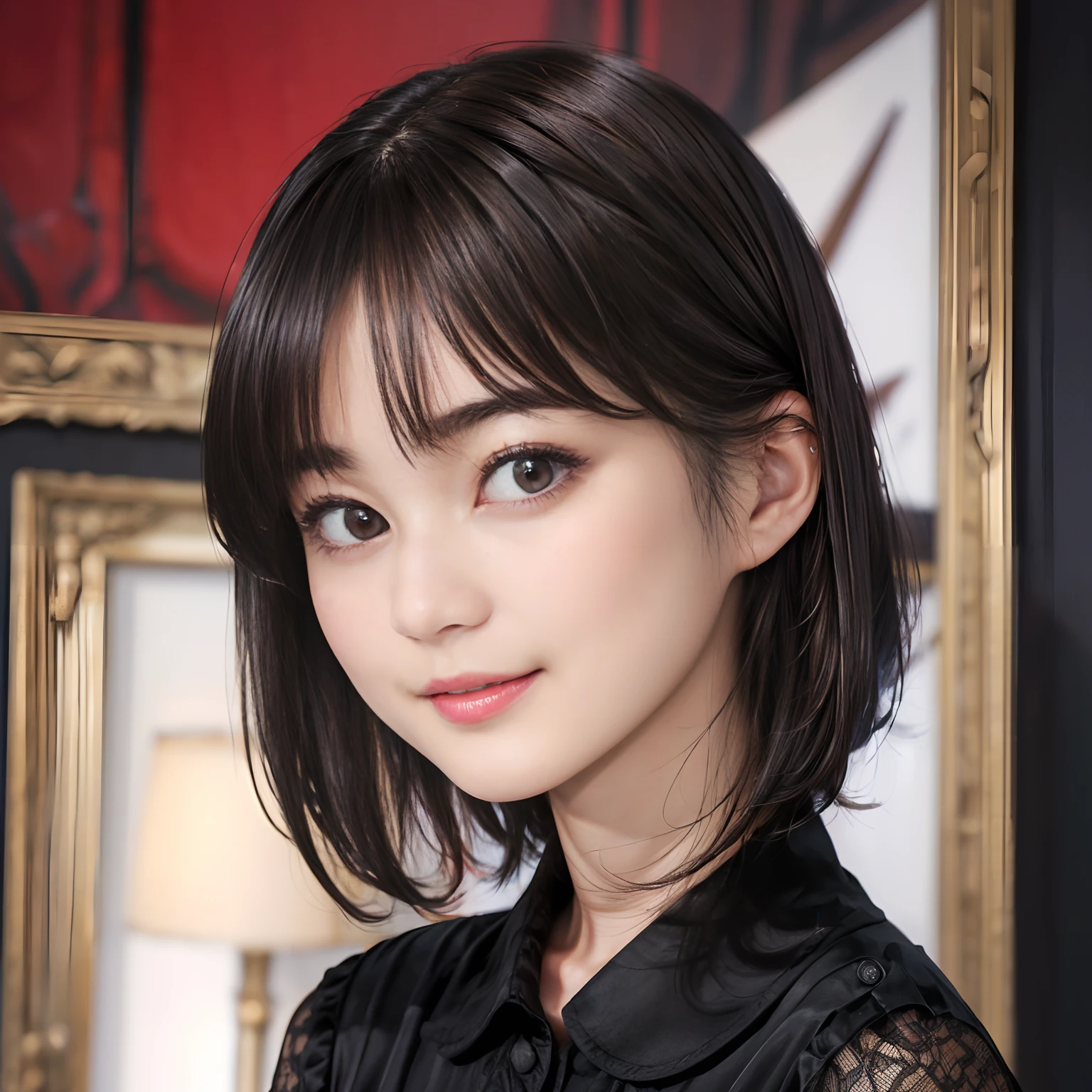 66
(a 20 yo woman,is standing), (A hyper-realistic), (Masterpiece), ((A dark-haired、short-hair:1.3)), (Silky hair), (breast:0.5), (kindly smile:0.7), lipsticks