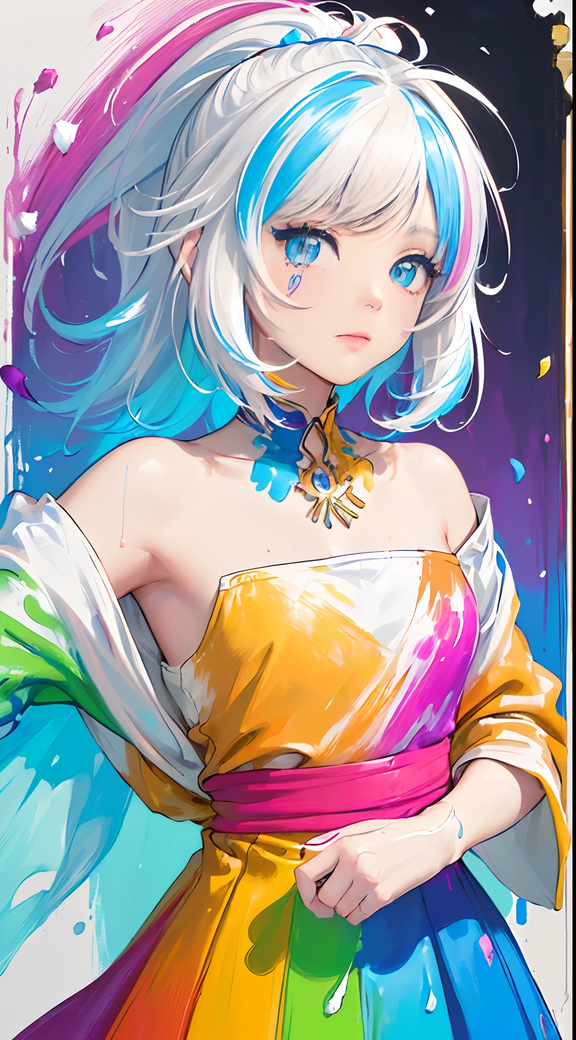 （Pink Fashion T-shirt：1.9），(Colorful hair: 1.8), (all the colours of the rainbow: 1.8),(((((vertical painting：1.6))), （painting：1.6），front, comics, illustrations, paintings, large eyes, crystal clear eyes,（ rainbow color gradient high ponytail：1.7）, exquisite makeup, closed mouth,(Small Fresh: 1.5),(Wipe Chest: 1.6) ，long eyelashes, white off shoulder T-shirt,  White Shoulder Shirt，looking at the audience, large watery eyes, (rainbow colored hair：1.6), color splash, （solo：1.8）, color splash, color explosion, thick paint style, messy lines, ((shining))，(colorful), (colorful), (colorful), colorful, Thick Paint Style, (Splash) (Color Splash), Vertical Painting, Upper Body, Paint Splash, Acrylic Pigment, Gradient, Paint, Highest Image Quality, Highest Quality, Masterpiece, Solo, Depth of Field, Face Paint,  colorful clothes, (Elegant: 1.2), gorgeous,long hair, wind, (Elegant: 1.3), (Petals: 1.4)，(((masterpiece))),(((best quality))),((ultra-detailed)),(illustration),(dynamic angle),((floating)),(paint),((disheveled hair)),(solo),(1girl) , (((detailed anima face))),((beautiful detailed face)),collar,bare shoulders,white hair, ((colorful hair)),((streaked hair)),beautiful detailed eyes,(Gradient color eyes),(((colorful eyes))),(((colorful background))),(((high saturation))),(((surrounded by colorful splashes))),