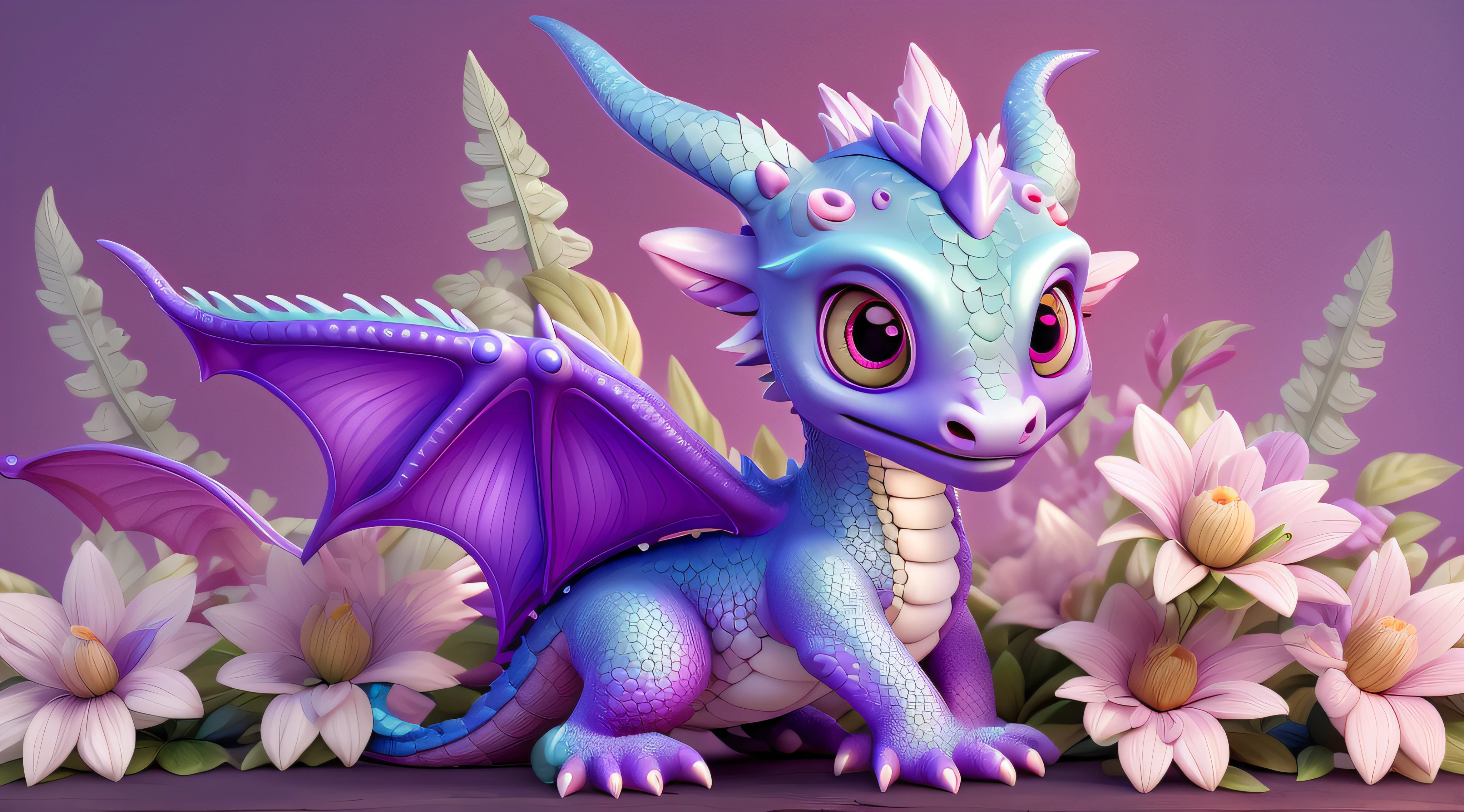 Purple and blue dragon figurine with flowers on a table - SeaArt AI