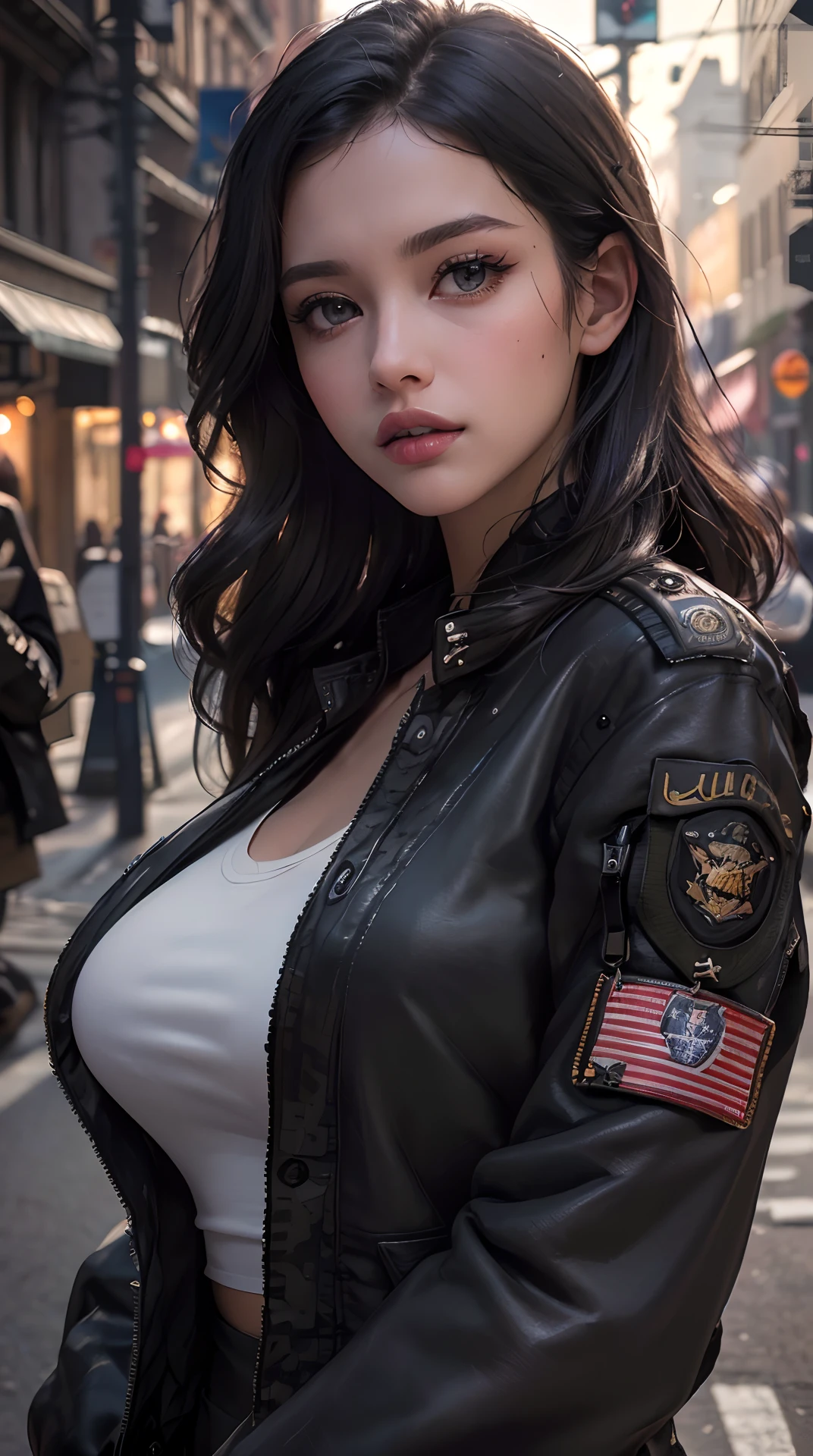 (best quality,4k,8k,highres,masterpiece:1.2), ultra-detailed, (realistic,photorealistic,photo-realistic:1.37), (beautiful detailed eyes, beautiful detailed lips, extremely detailed eyes and face, long eyelashes), studio lighting,physically-based rendering,vivid colors, (black military jacket:1.5), (white tank top),