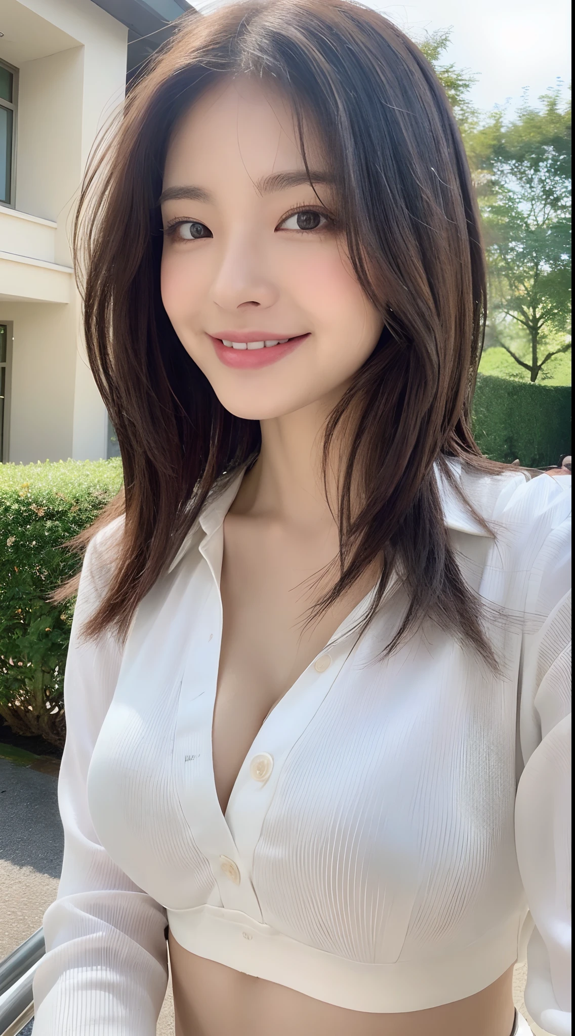 ((Best Quality, 8K, Masterpiece: 1.3)), Sharp Focus: 1.2, A Beautiful Woman with Perfect Figure: 1.4, Slim Abs: 1.2, (Layered Hairstyle,: 1.2)), (Wet White Button Long Shirt: 1.3), Rain: 1.3, Street: 1.2, Wet Body: 1.1, Highly Detailed Face and Skin Texture, Detailed Eyes, Double Eyelids, Big Breasts, Smile,
