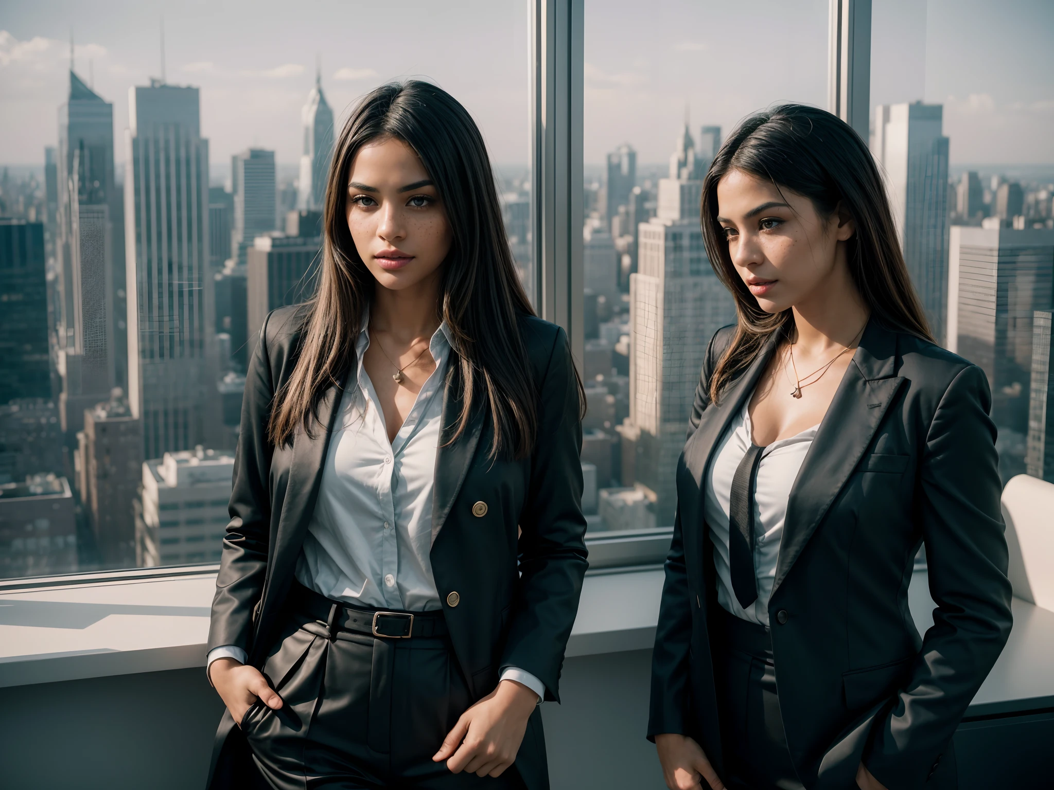 Produce high-quality, photorealistic, high-contrast, and saturated color photographs featuring two women wearing male business coats with detailed tie with very deep necklace standing in a spacious office on the 65th level of a skyscraper. The office boasts large windows offering a panoramic view of the evening-lit Manhattan skyline. Instruct the models to engage in natural conversation, capturing their sexual interactions and expressions. Highlight the diversity of their ethnicities, one of thetwo women is Afro-American, the other of the two women is from India. Emphasize the contrast between their skin tones, ensuring a realistic portrayal with visible pores, freckles, and natural textures. Implement subsurface scattering to enhance the photorealistic quality of their skin. Focus on creating sharp, high-resolution images that capture the intricate details of their skin, expressions, and the office surroundings. Emulate Helmut Newtons's style for text-to-image models, drawing inspiration from Stable Diffusion, midjourney, or Dalle2. Pay particular attention to the interplay of light and shadow through the large windows, enhancing contrasts and saturating colors to create visually stunning and captivating photographs. Capture the essence of their individuality, the sophistication of the office environment, and the beauty of the Manhattan skyline, resulting in a series of striking and evocative images.