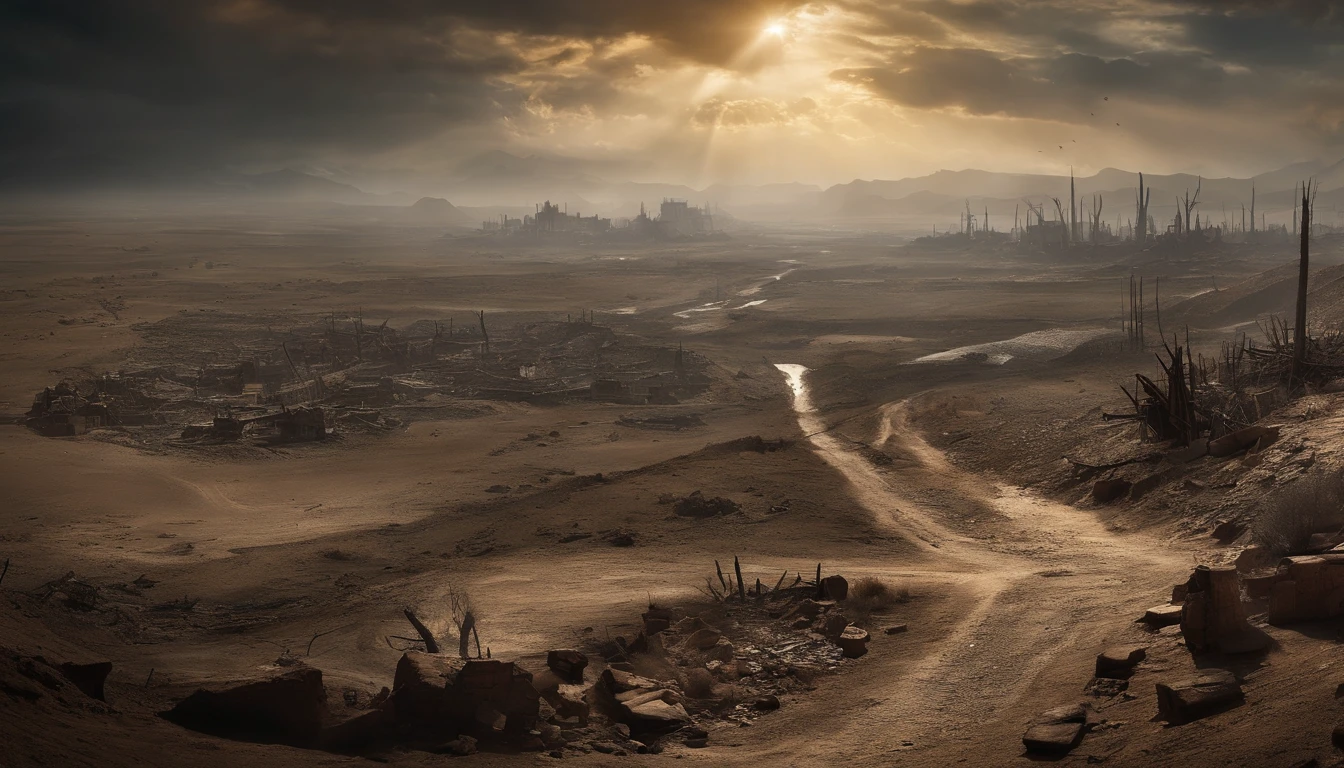 # Mind Map: Desolate Post-Apocalyptic Landscape
## Description
## Elements
- Desolate landscape
- Crumbling cities
- Scorched earth
- Foreboding sky
- Ruins of human civilization
- Nature reclaiming the land
- Subtle details hinting at causes
- Sense of despair
- Glimmer of hope or resilience
## Causes of the Apocalypse
- Environmental disaster
- War
- Catastrophic event from space
## Emotions
- Fear
- Awe
- Contemplation
- Fragility of our world
- Consequences of our actions