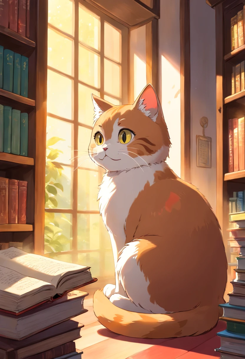 A cute round-eyed cat, Read a book in the library, Sunlight outside the window.