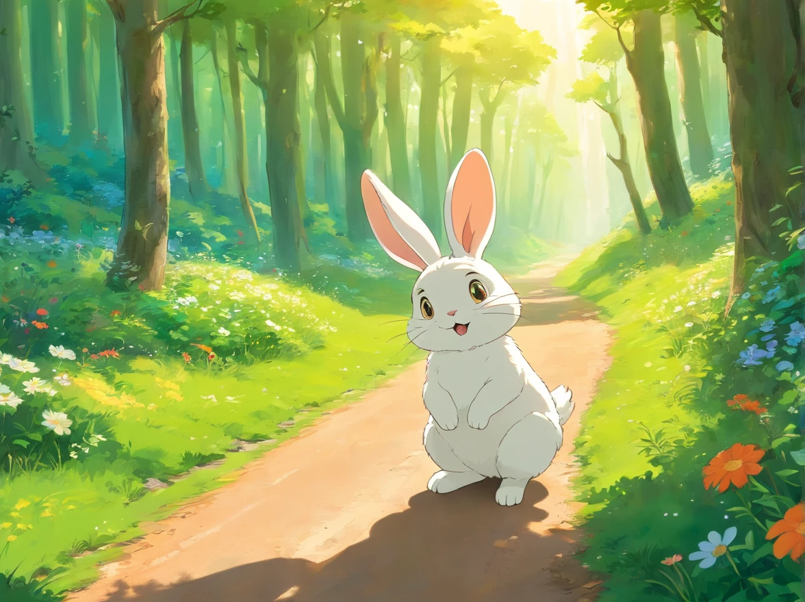 a cute bunny，Watch the map and hike through the forest，green color，A lush，夏天，Flowers bloom on the road，The sun is good，The sun shines in the forest，Dazzling，Cartoony,Orange light,Exaggerated and detailed, k hd, Best quality,8K