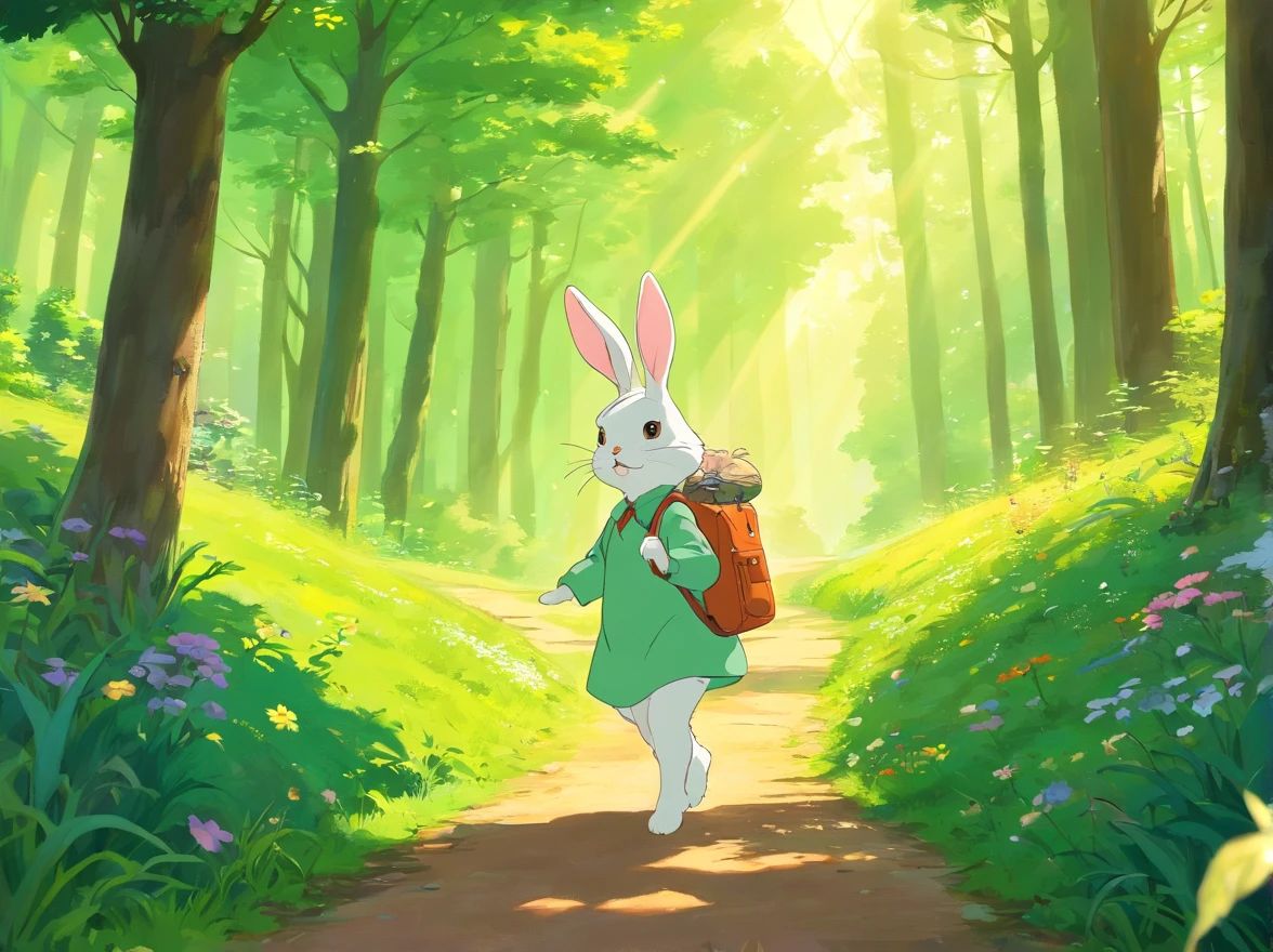 a cute bunny，Watch the map and hike through the forest，green color，A lush，夏天，Flowers bloom on the road，The sun is good，The sun shines in the forest，Dazzling，Cartoony,Orange light,Exaggerated and detailed, k hd, Best quality,8K