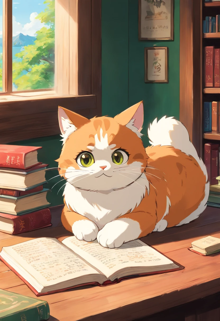 A cute round-eyed cat, Read a book in the library, Sunlight outside the window.