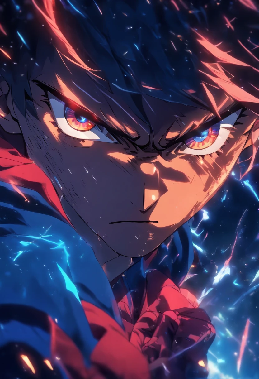 premier quality, Masterpiece, High resolution, 8k, Anime Style Hoodie & Boy, a skinny boy with a strong character and aura,  Digital Enhancement, plan large，bleu et rouge，Serious Expressions，des yeux designer et puissants mais unique. Tiens une lance en main