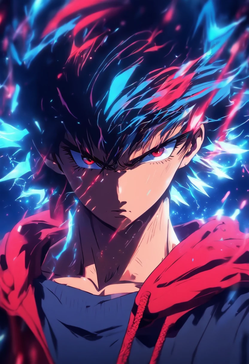 premier quality, Masterpiece, High resolution, 8k, Anime Style Hoodie & Boy, a skinny boy with a strong character and aura, Digital Enhancement, plan large,bleu et rouge,Serious Expressions,des yeux designer et puissants mais unique. Tiens une lance en main