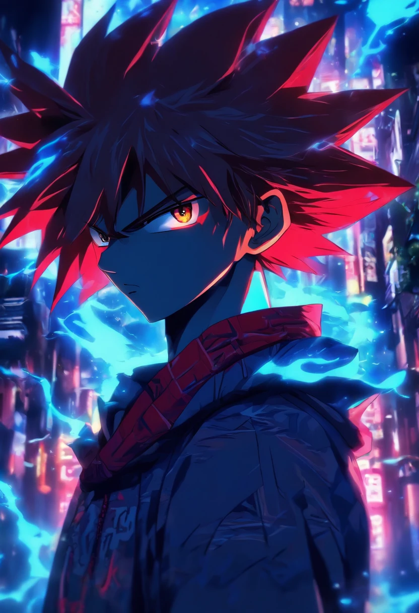 premier quality, Masterpiece, High resolution, 8k, Anime Style Hoodie & Boy, a skinny boy with a strong character and aura,  Digital Enhancement, plan large，bleu et rouge，Serious Expressions，des yeux designer et puissants mais unique. Tiens une lance en main