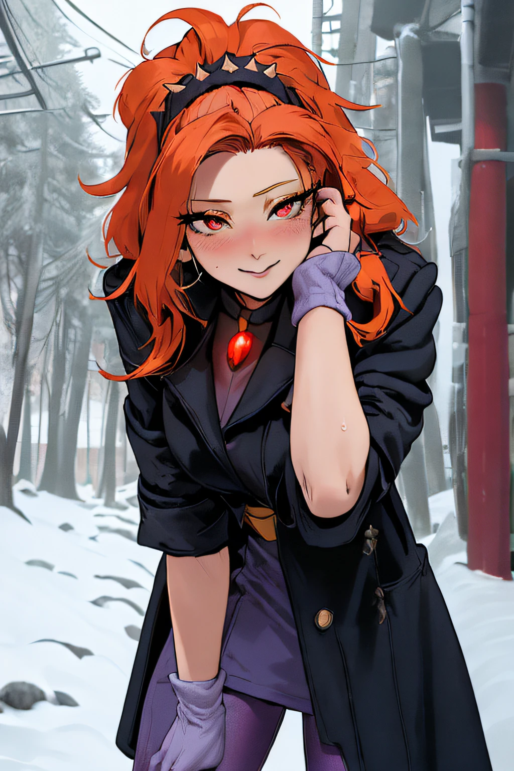 mlpdazzle, from below, looking at viewer, spikes, (glowing red eyes, orange hair, winter, forest, snow, snowy, cloudy, black long coat, winter skirt, pantyhose, boots, forest, muffler, Winter Neck Polar Knit:1.4), Smile, blush, gloves, belt, jewellery, wintery, ice, thin body, Thin leg, (Best Quality,4k,8K,high resolucion,Masterpiece:1.2),Ultra-detailed,realisitic:1.37,Vivid colors,studio lit, huge hair, abundant hair, tilt head, disheveled hair, messy hair