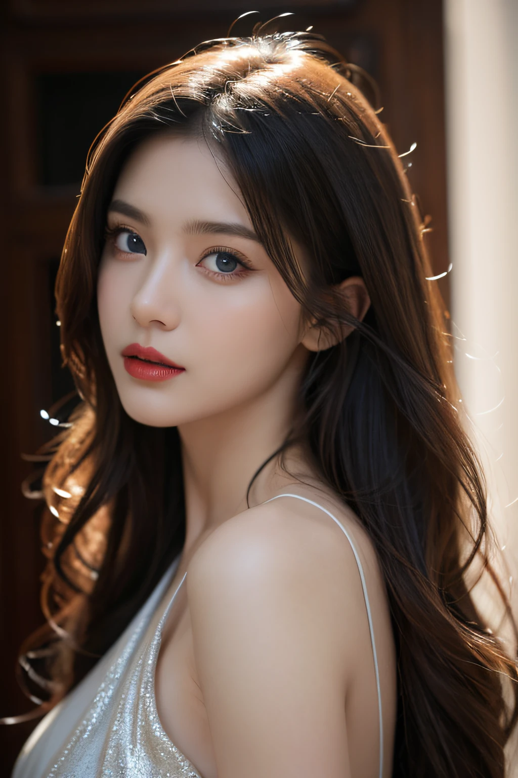 top-quality、超A high resolution、(Photorealsitic:1.4)、Cinematic,Bewitching beauty,Colossal tits、up looking_で_viewer、detailed face details、beatiful detailed eyes、Silvery hair、blue eyess、Thin、Bewitching look、(makeups:0.3)、red-lips、Very detailed clothes、(ulzzang -6500-v1.1:0.3)