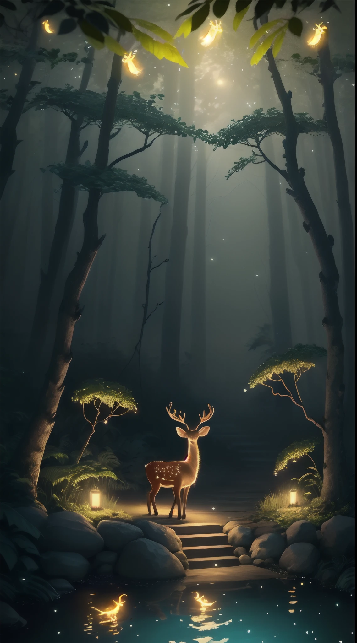 Masterpiece, best quality, (very detailed CG unity 8k wallpaper), (best quality), (best illustration), (best shadows), glow sprite, with a glowing deer, in the swimming pool Drinking water, natural elements in the forest theme. Mysterious forest, beautiful forest, nature, surrounded by flowers, delicate leaves and branches surrounded by fireflies (natural elements), (jungle theme), (leaves), (twigs), (fireflies), (particle effects) etc. 3D , Octane rendering, ray tracing, super detailed