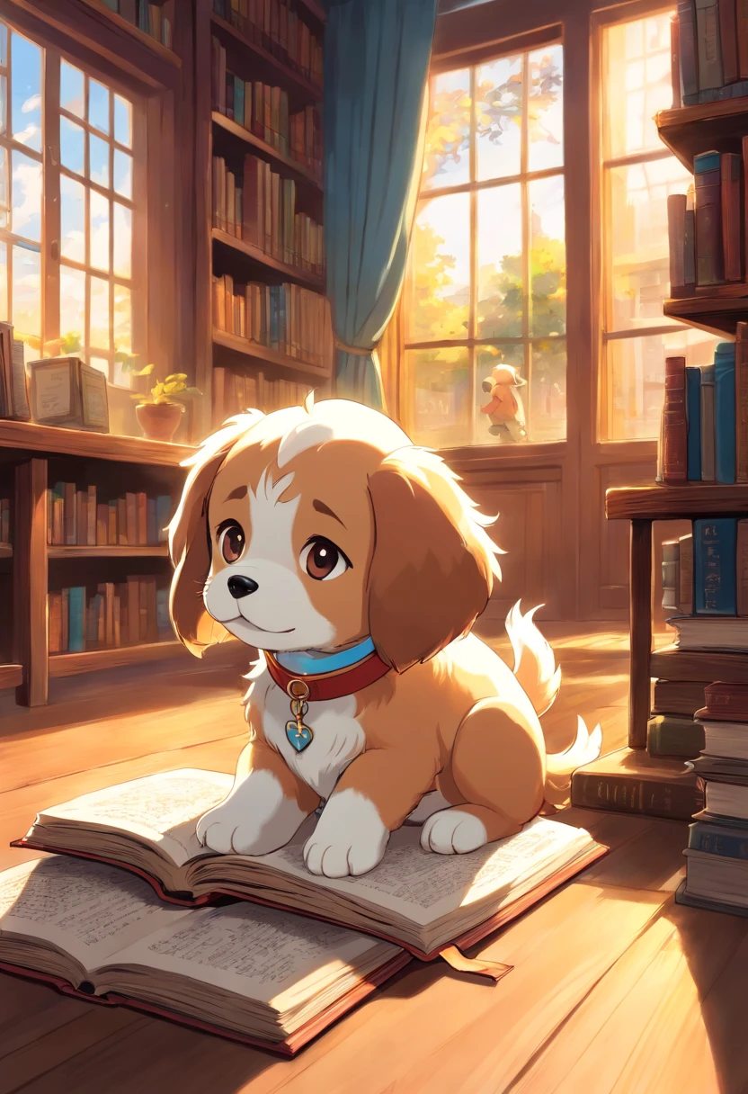 A cute puppy, Read a book in the library, Sunlight outside the window.
