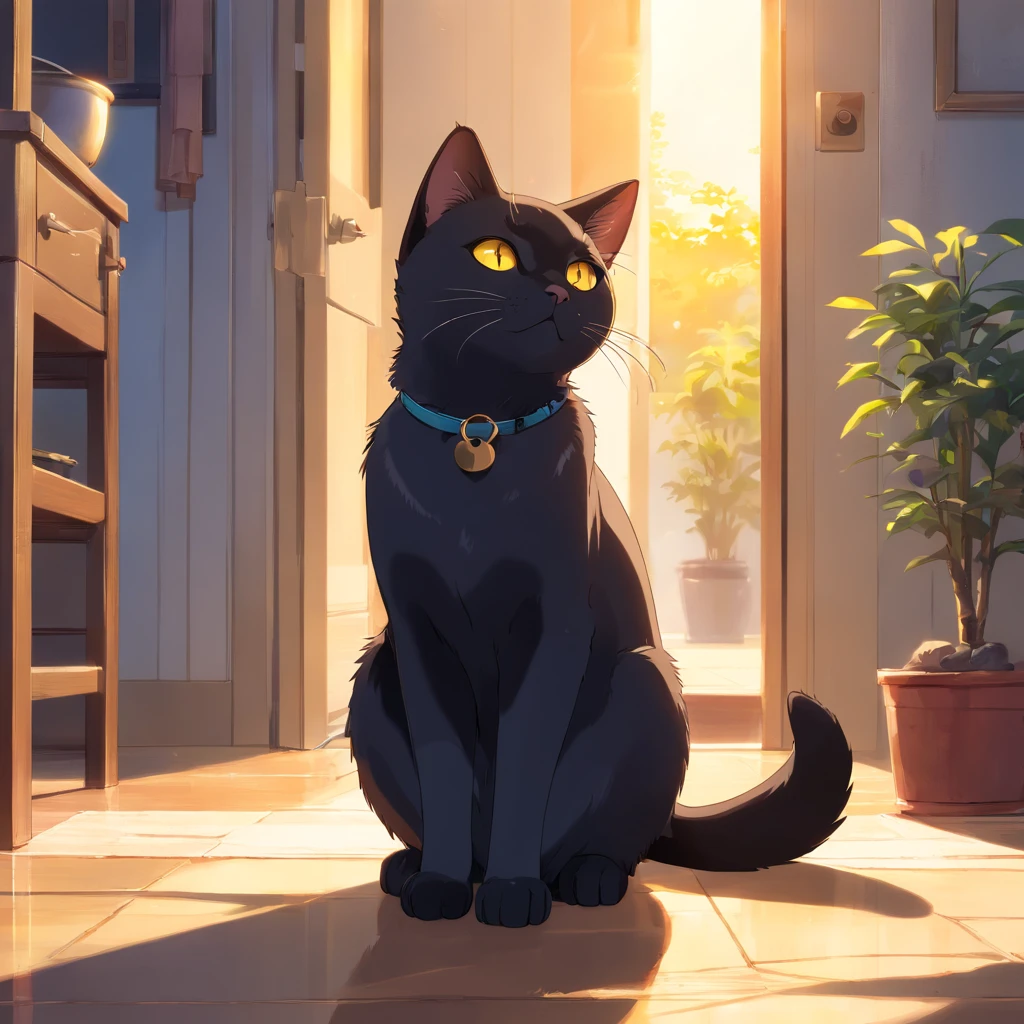 Black Siamese cat、Yellow eyes、Lick the paws、afternoon sunlight、Bell