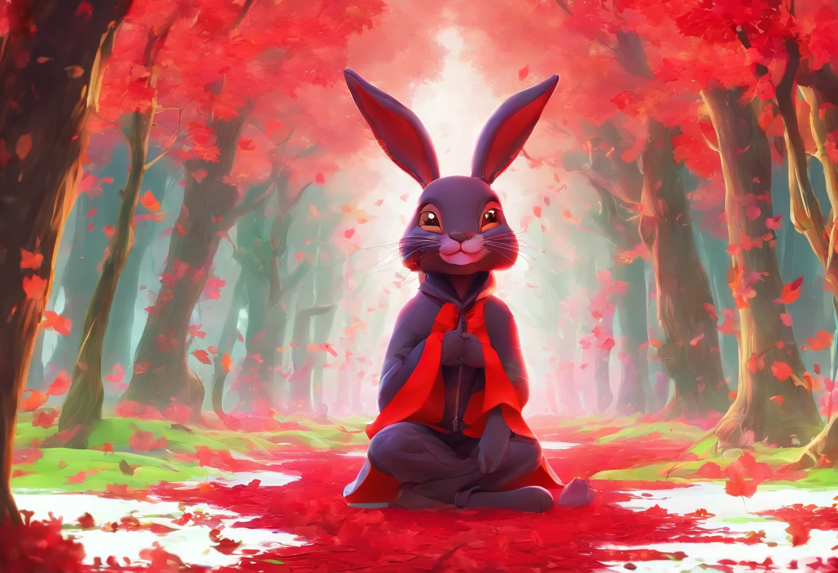 3D rendering of (A picture of an adventure rabbit sister standing on the red leaf forest trail), hairy, clear and beautiful face, big green bright eyes, binoculars hanging on her chest, rabbit sister wearing green and fashionable adventure clothes, red mountaineering boots on her feet, big and lovely ears, red and green camping caps, fashionable sunglasses, carrying green shoulder bags, shovels, camping cooking utensils, compasses bound with many adventure tools,
Curious to explore the expression, cartoon, 4d, fox,
Background: Red Leaf Forest Trail Red Forest, Autumn Forest, Red Illumination Fog, In Red Dreamland, Really Beautiful Forest, Beautiful Forest, Beautiful Hazy Wood, Red-Tone Mist, Breathable Beautiful Trees, Breath-Sucking Beautiful Trees, Red Fog, Beautiful Forest and Trees, Bright but Dark Red, Mangrove,character concept art,Photography,clear facial features,a beautiful painting by Alphonse Mucha,pixar style,cartoon style,illustration by Beatrix potter,art by Atey Ghailan,Masterpiece,Matte Painting,Fantastic Realism,Magic Realism,Dreamlike,by Erwin Blumenfeld,by Petra Collins,by Natalia Drepina,Dreamy Atmosphere,Whimsical Atmosphere,Ethereal Atmosphere,Romantic Atmosphere,Unreal engine,Quixel Megascans Render,V-Ray,UE5,high detail,hyper quality,high resolution,trending on artstation,8K16K,hyperrealism,depth of field (dof),cinematic shot,beautiful lighting, --ar 9:16 --style raw --uplight