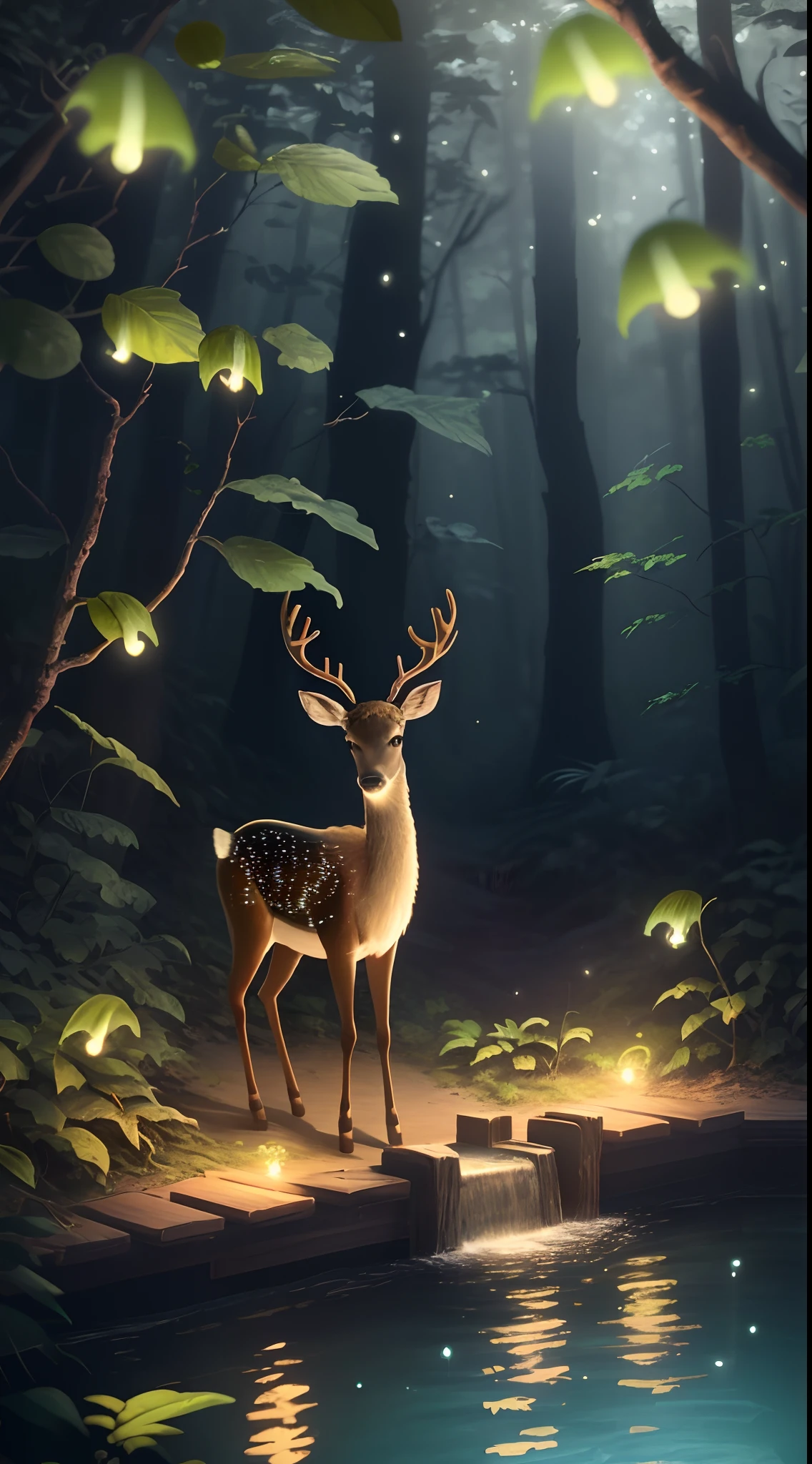 Masterpiece, best quality, (very detailed CG unity 8k wallpaper), (best quality), (best illustration), (best shadows), glow sprite, with a glowing deer, in the swimming pool Drinking water, natural elements in the forest theme. Mysterious forest, beautiful forest, nature, surrounded by flowers, delicate leaves and branches surrounded by fireflies (natural elements), (jungle theme), (leaves), (twigs), (fireflies), (particle effects) etc. 3D , Octane rendering, ray tracing, super detailed