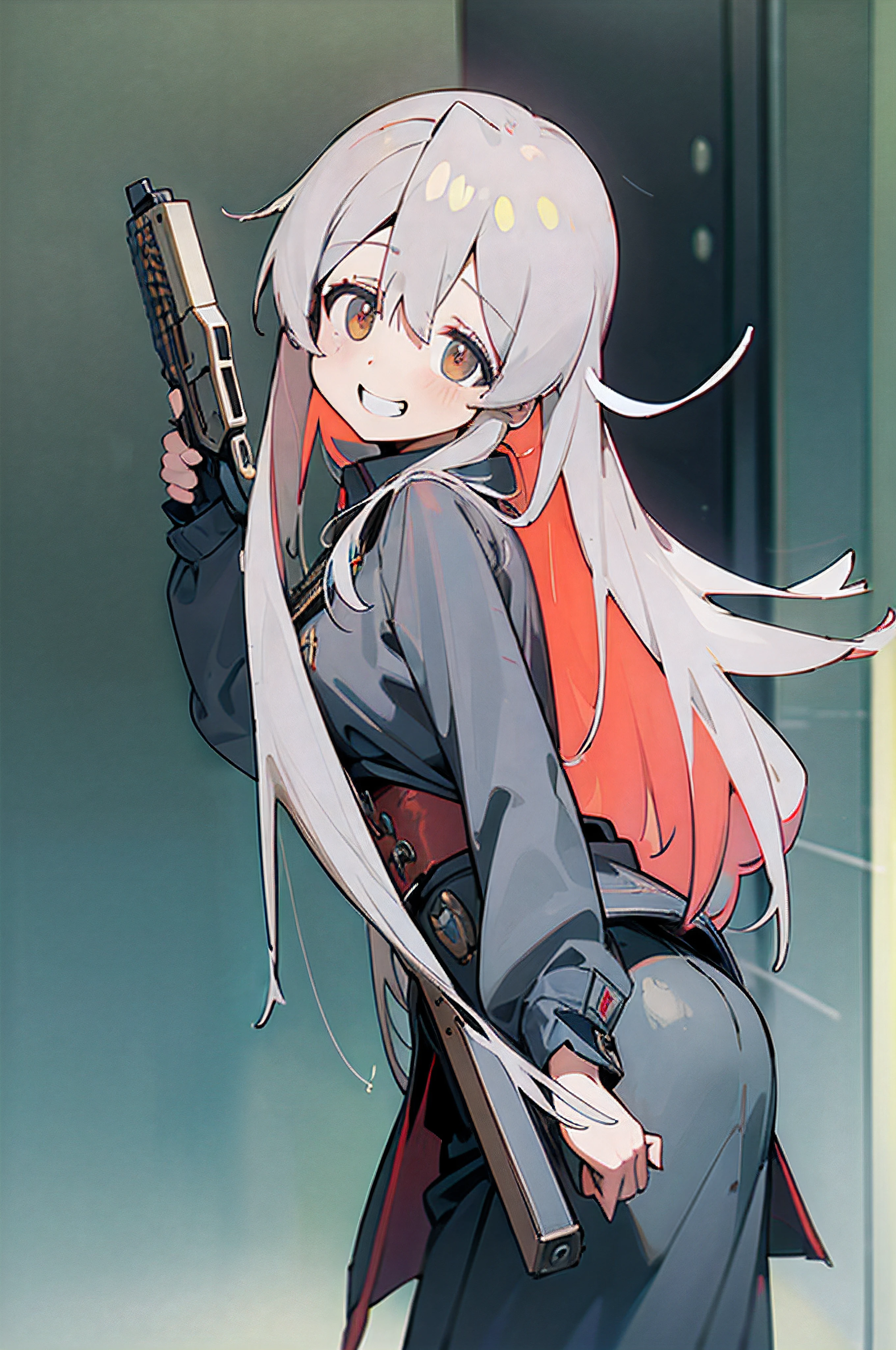(8K Ultra High-Quality) (Masterpieces) (人物: Mahiro) 1 Girl, long hair, wearing German Nazis Uniform, holding Luger 1914 Pistol, Evil smile looking at viewer.