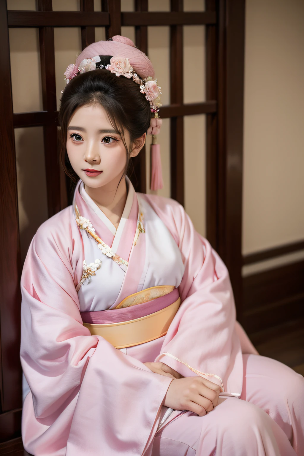 An ancient lady in a pink hanfu looks at you