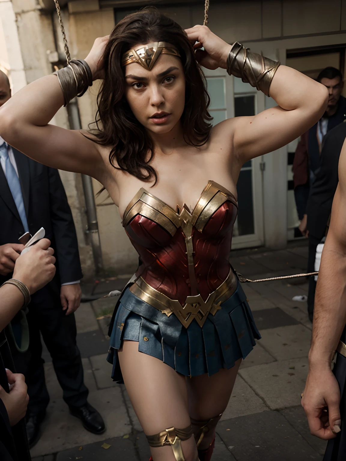 Wonder Woman (struggling), handcuff, leg tied, tied by thugs, (crowded), (mans in background try to tied her:1.2), tied, bound, (Wonder Woman with skirt:1.3), (Restrained:1.5), BDSM, (two man tied her up:1.2), (bird view angle) , (dress up) , unnaked, (ropes all over body), (eyes up), (painful), head down, (terrify:1.1), (angry eyebrow), in hill