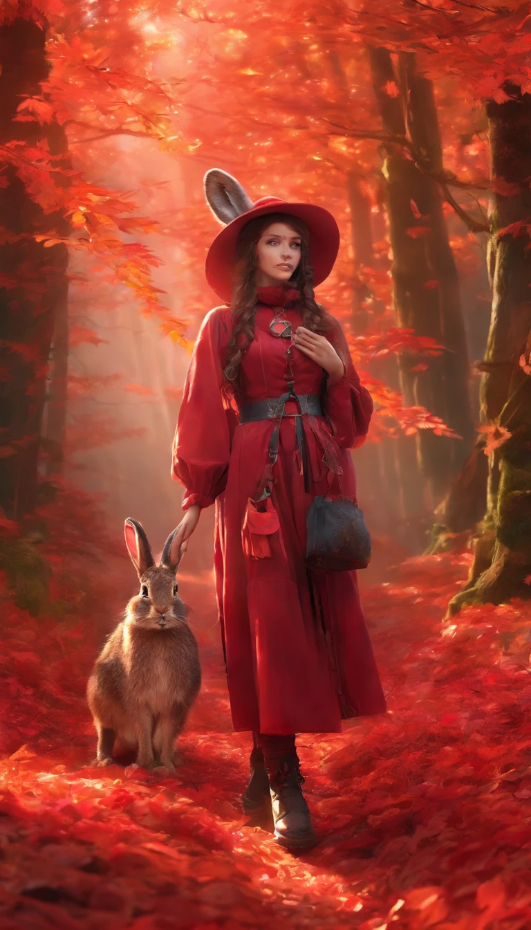 3D rendering of (Photo of an adventurous rabbit sister standing on a path in the autumn leaves), hairy, Clear and beautiful face, Big green bright eyes, Binoculars hanging from her chest, Sister Bunny wears a green and stylish adventure outfit, Red hiking boots on his feet, Big, cute ears, Red and green camping hats, fashionable sunglasses, Carry a green shoulder bag, trowels, Camping utensils, A compass tied to many adventure tools,
Curiously explore expressions, Cartoon, 4D, Fox,
Background: Autumn Leaf Forest Trail Red Forest, autumn forest, red illuminating fog, In the Red Dream, really beautiful forest, Beautiful forest, Beautiful hazy wood, Red shade spray, Breathable and beautiful trees, breath-taking beautiful trees, red fog, beautiful forests and trees, Bright but dark red, red trees,concept art of character,Photography,Clear facial features,A beautiful painting by Alphonse Mucha,Pixar style,Cartoon style,Beatrix Potter (Beatrix potter) 's illustration,Arte Guélan's artwork,Masterpiece,Matte painting,dreamlike realism,magic realism,Dreamlike,author:Owen Blumenfeld,petra collins,author:Natalia Drepina,Dreamy atmosphere,Whimsical atmosphere,Ethereal atmosphere,Romantic atmosphere,illusory engine,Quixel Megascans Render,v-ray,UE5,High detail,hyper qualit,high resolution,trending on artstationh,8K16K,hyper photorealism,Depth of field (degrees of freedom),cinema shot,Beautiful lighting, --AR 9:16 --style raw --uplight