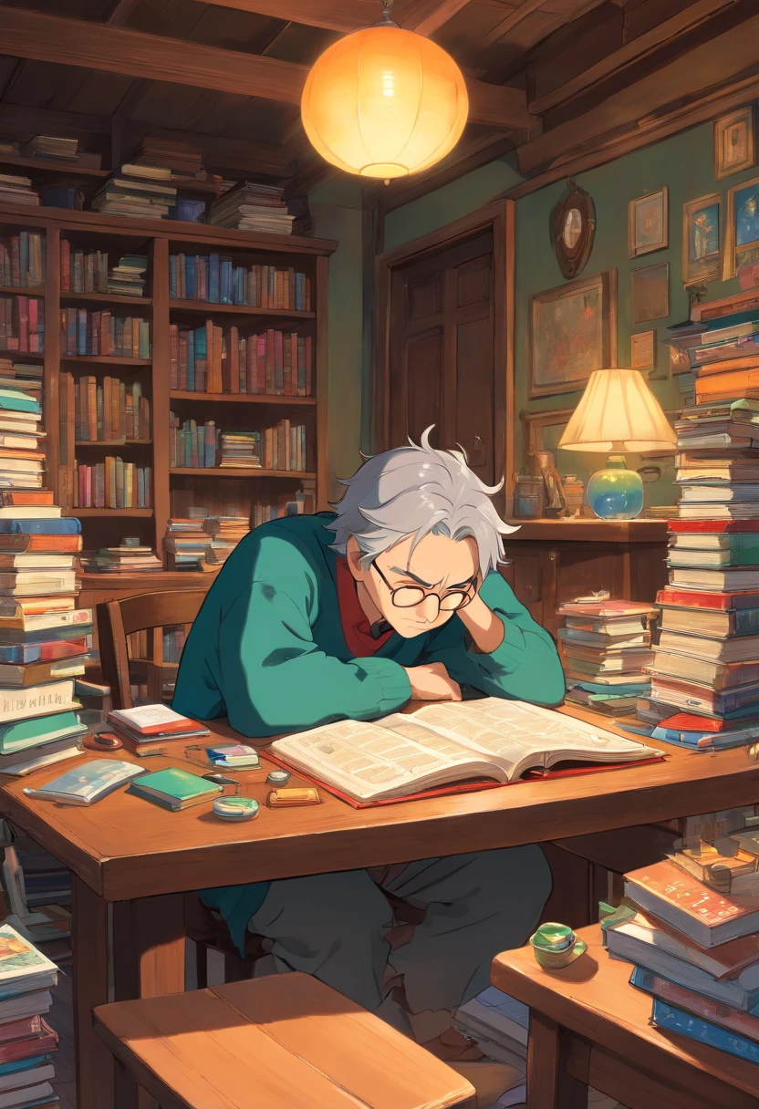 Create an illustration of a man hunched over a table in a room full of distractions, As an electronic product, Books and unfinished tasks, Symbolizes procrastination. His expression should be one of exhaustion and exhaustion.