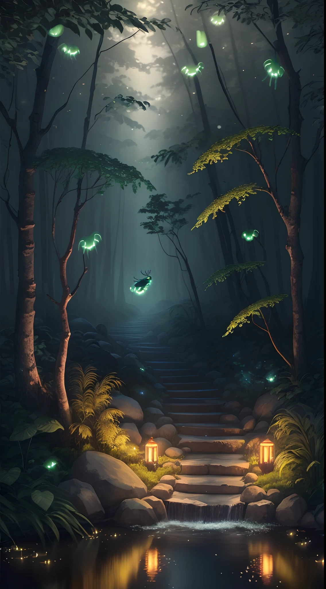 Masterpiece, best quality, (very detailed CG unity 8k wallpaper), (best quality), (best illustration), (best shadows), glow sprite, with a glowing deer, in the swimming pool Drinking water, natural elements in the forest theme. Mysterious forest, beautiful forest, nature, surrounded by flowers, delicate leaves and branches surrounded by fireflies (natural elements), (jungle theme), (leaves), (twigs), (fireflies), (particle effects) etc. 3D , Octane rendering, ray tracing, super detailed