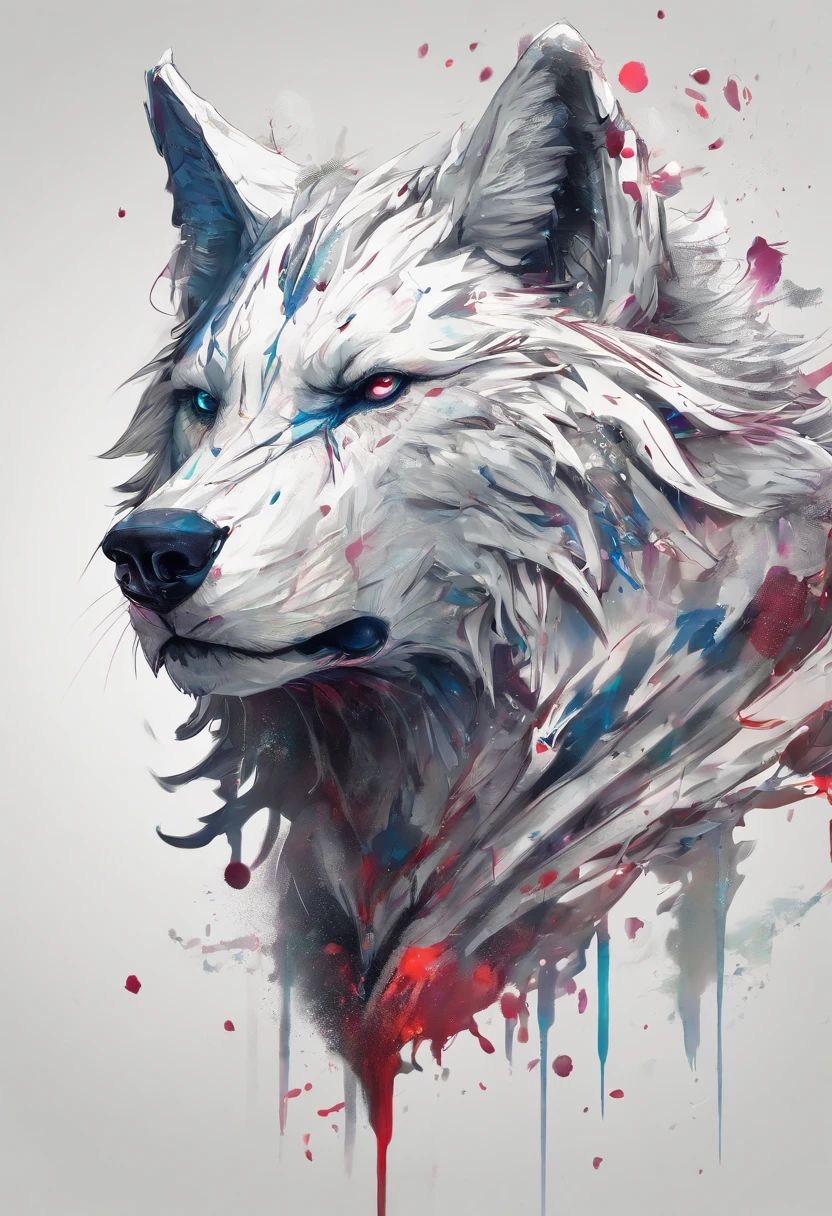 Splash art, a wolf head, ((white background)), piercing eyes, epic Instagram, artstation, splash style of colorful paint, contour, hyperdetailed intricately detailed , unreal engine, fantastical, intricate detail, splash screen, complementary colors, fantasy concept art, 8k resolution, deviantart masterpiece, oil painting, heavy strokes, paint dripping, splash arts