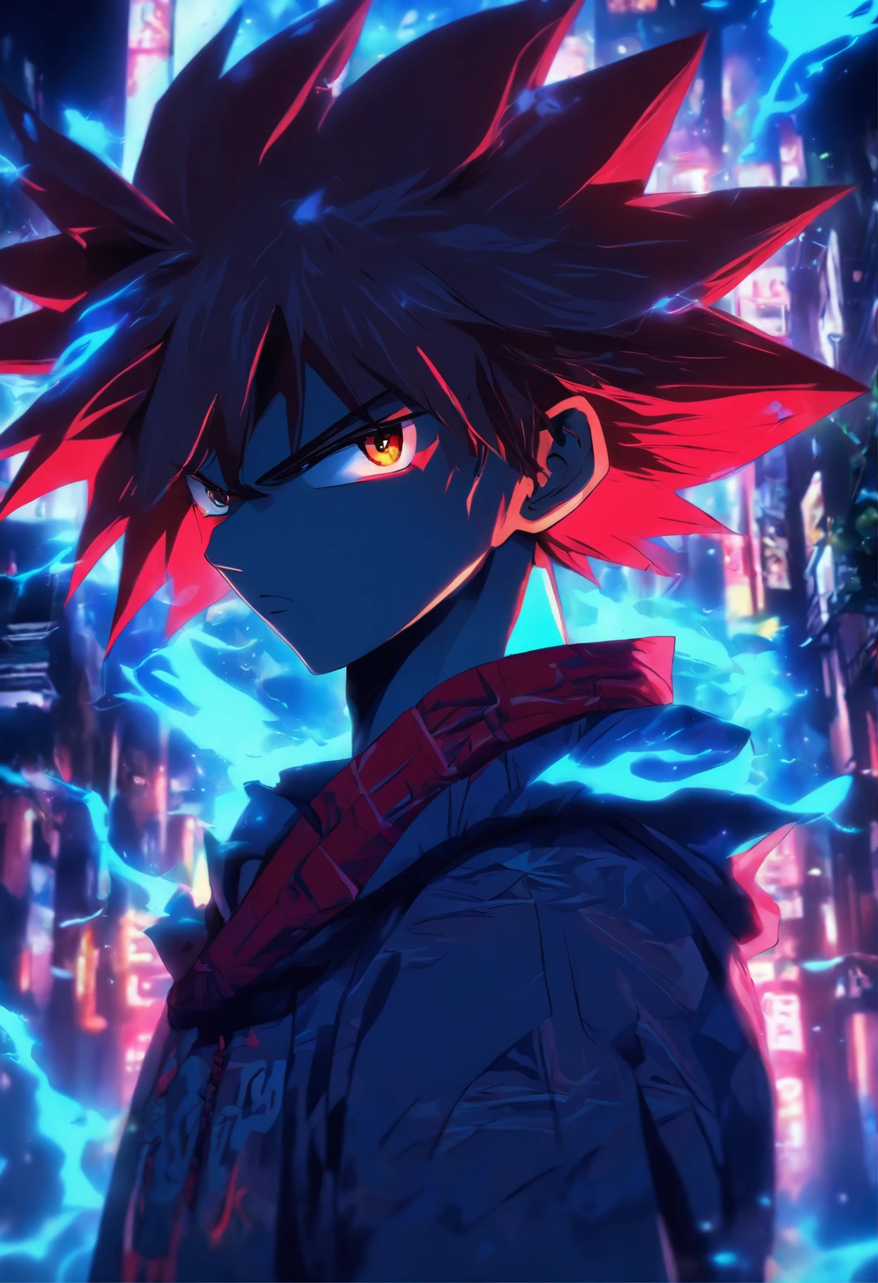 premier quality, Masterpiece, High resolution, 8k, Anime Style Hoodie & Boy, a skinny boy with a strong character and aura, Digital Enhancement, plan large,bleu et rouge,Serious Expressions,des yeux designer et puissants mais unique. Tiens une lance en main