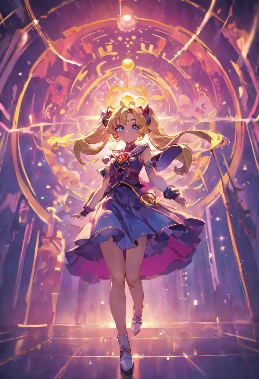 sailormoon，Full body like，frontage，Cyberpunk Personality，A black cat at your feet，the night，neon light，dual horsetail，dream magical，