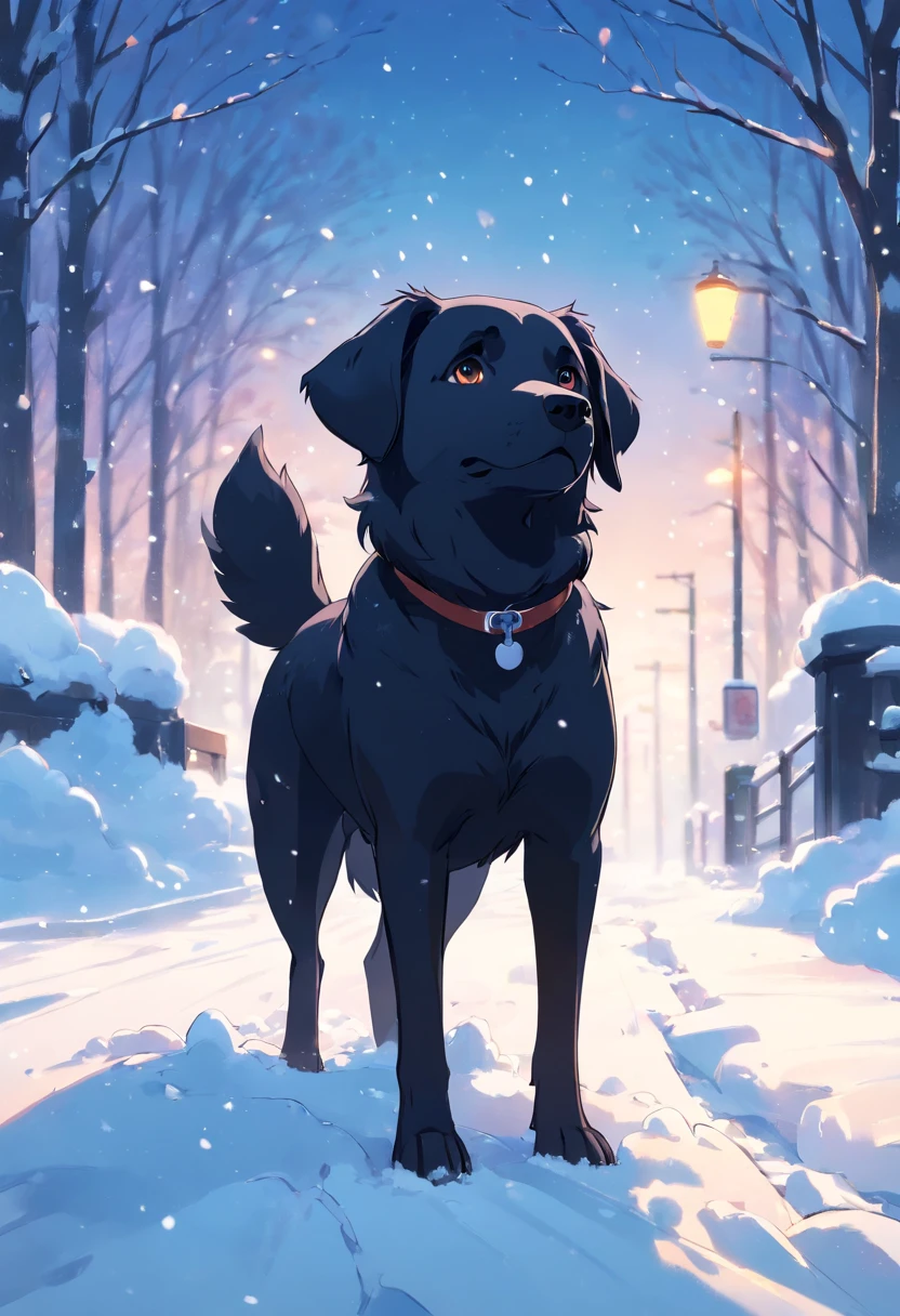 A handsome black dog in the snow