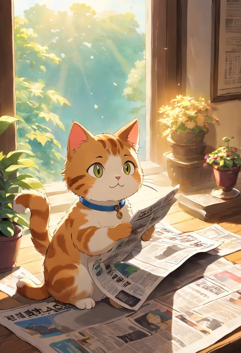 A cute cat with round eyes,reading a newspaper, Sunlight outside the window,Tabby cat