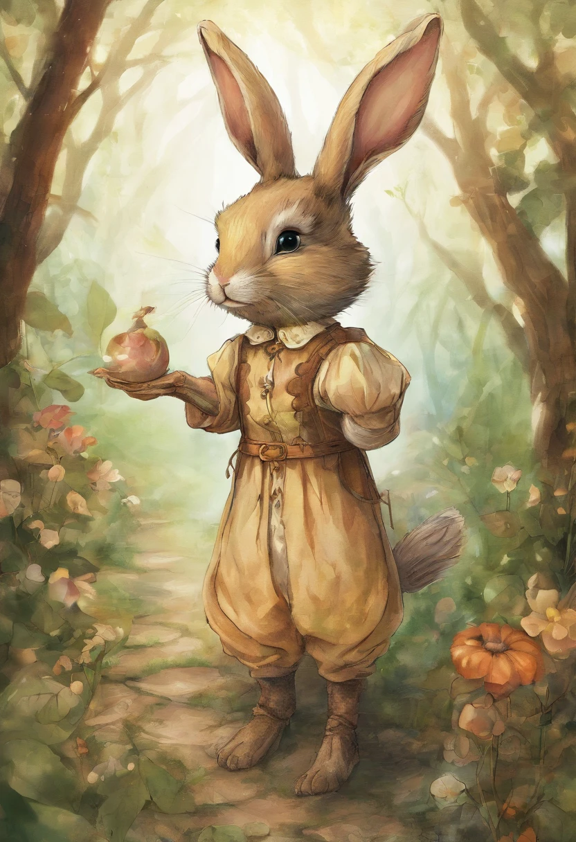 a cute bunny,Wear travel attire,Parchment in your hand,Walk in the forest