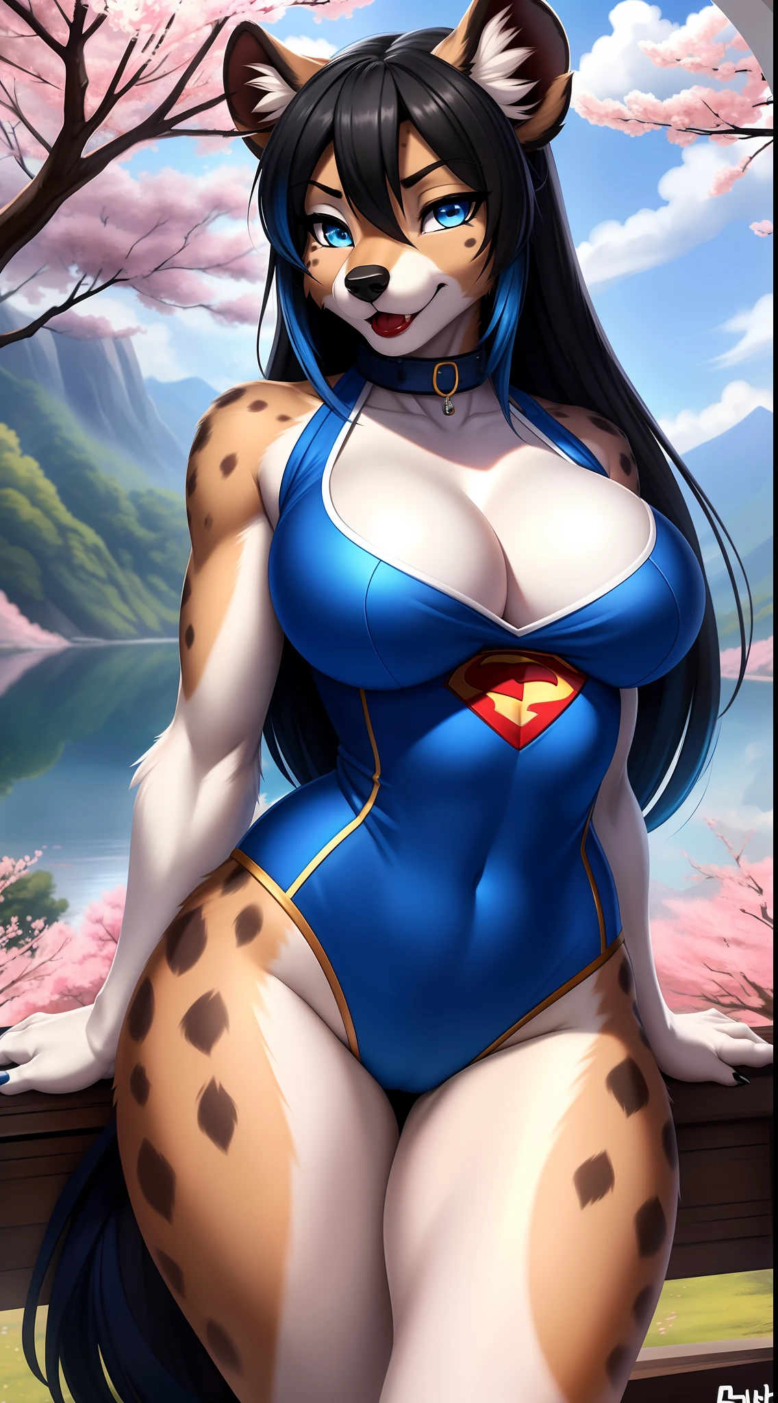 ((((sfw)))), uploaded the e621, beautiful and detailed,woman (((female))) ((anthro)) hyena, Ross Tran, by ruan jia, by zaush, by foxovh, lighting cinematic, seductor, hyena, thighighs, (huge chest), full body view, (anthro, fluffy fur, character focus:1.1), 1girl, anthro dog girl, body fur, solo, medium breasts, (thick thighs), curvy, biki big ass sexy ass sexy boobs , (heart-shaped pupils), sexy, seductive, fall in love girl, nice, cute, naughty face, , big aureola show , Black hair with blue highlights inside butt visibile saliva ((She is showing her sensuality) ( blue collar.) hottest hot 1st position for sexy blue eyes confortable naughy face anime-style cartoon-style with blue hair , sexual expression.) 1female,35yo,A MILF,plumw,extremely large bosom, 独奏,(Background with:Cherry blossom forest,Lake,Spectacular views,)Deep in the forest, She has very short black hair,bobo head,Station,,seen from the front, hair straight, mostly cloudy sky,(((tmasterpiece),(Very detailed CG unity 8K wallpaper),best qualtiy,cinmatic lighting,detailed back ground,beatiful detailed eyes,Bright pupils,Blue eyes,(Very fine and beautiful),(Beautiful and detailed eye description),ultra - detailed,tmasterpiece,))Redlip,facing at camera,A high resolution,ultra - detailed),Camel toes,Flushed complexion,Desire for dissatisfaction,frontage,SakuraNS ,track and field athlete,(Wearing:,Bare genitalia,Bare breasts,Bare)Superman uniform