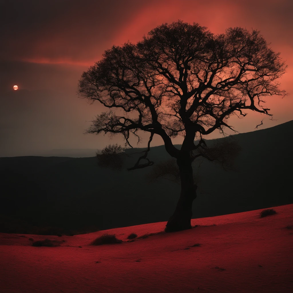 /imagine prompt:
Foto colorida de: "A blood-red sky, Silhouette of an imposing cosmic tree, figuras abstratas espalhadas por um terreno baldio, each with a unique style, todos com olhos carmesim brilhantes" 
Uma cena surreal e assombrosa, Where the sky bleeds crimson, casting an ominous glow over the desolate landscape. The silhouette of a colossal cosmic tree stretches towards the heavens, Its branches twisting and reaching like tendrils from another world. In the middle of the barren desert, Uma infinidade de figuras abstratas emerge, their shapes taking on various shapes and sizes. Alguns aparecem como criaturas retorcidas, seus corpos contorcidos e malformados, while others manifest as ethereal specters, Its translucent shapes hovering above the ground. They all share one striking feature - eyes that emanate a sinister crimson light, Breaking through the darkness. The atmosphere is dense with an otherworldly presence, a sense of foreboding that permeates the air. 
captured with a vintage camera, The photo exhibits a dreamlike quality. Tiro com um Leica M7, usando um filme de cor vibrante como o Kodak Ektar 100, The image is bathed in rich tones, Intensifying the liveliness of the blood-red sky. Uma lente grande angular, como um Leica Summilux-M 35mm f/1.4, was employed to encompass the vastness of the scene, allowing the towering cosmic tree to dominate the frame. Techniques such as long exposure were used to capture the ethereal movements of the multitude of abstract figures, blurring their shapes and adding a touch of surrealism to the composition. 
Unlikely collaborators who would uniquely juxtapose themselves in this scene include visionary director Guillermo del Toro, renomado diretor de fotografia Roger Deakins, avant-garde photographer Cindy Sherman, O estilista Alexander McQueen, e o cineasta experimental David Lynch. Their distinctive artistic visions and unconventional approaches to storytelling would bring an even more hipnot dimension