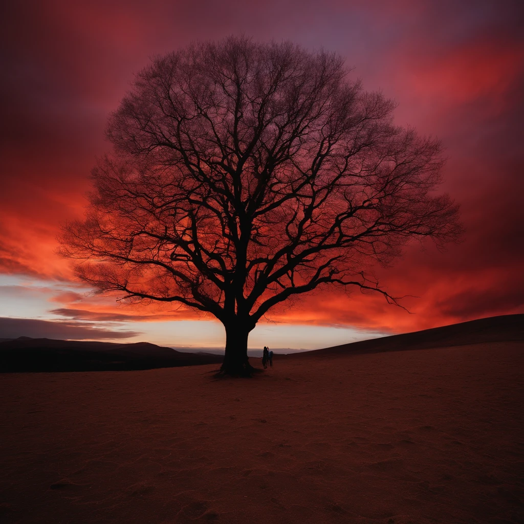 /imagine prompt:
Foto colorida de: "A blood-red sky, Silhouette of an imposing cosmic tree, figuras abstratas espalhadas por um terreno baldio, each with a unique style, todos com olhos carmesim brilhantes" 
Uma cena surreal e assombrosa, Where the sky bleeds crimson, casting an ominous glow over the desolate landscape. The silhouette of a colossal cosmic tree stretches towards the heavens, Its branches twisting and reaching like tendrils from another world. In the middle of the barren desert, Uma infinidade de figuras abstratas emerge, their shapes taking on various shapes and sizes. Alguns aparecem como criaturas retorcidas, seus corpos contorcidos e malformados, while others manifest as ethereal specters, Its translucent shapes hovering above the ground. They all share one striking feature - eyes that emanate a sinister crimson light, Breaking through the darkness. The atmosphere is dense with an otherworldly presence, a sense of foreboding that permeates the air. 
captured with a vintage camera, The photo exhibits a dreamlike quality. Tiro com um Leica M7, usando um filme de cor vibrante como o Kodak Ektar 100, The image is bathed in rich tones, Intensifying the liveliness of the blood-red sky. Uma lente grande angular, como um Leica Summilux-M 35mm f/1.4, was employed to encompass the vastness of the scene, allowing the towering cosmic tree to dominate the frame. Techniques such as long exposure were used to capture the ethereal movements of the multitude of abstract figures, blurring their shapes and adding a touch of surrealism to the composition. 
Unlikely collaborators who would uniquely juxtapose themselves in this scene include visionary director Guillermo del Toro, renomado diretor de fotografia Roger Deakins, avant-garde photographer Cindy Sherman, O estilista Alexander McQueen, e o cineasta experimental David Lynch. Their distinctive artistic visions and unconventional approaches to storytelling would bring an even more hipnot dimension