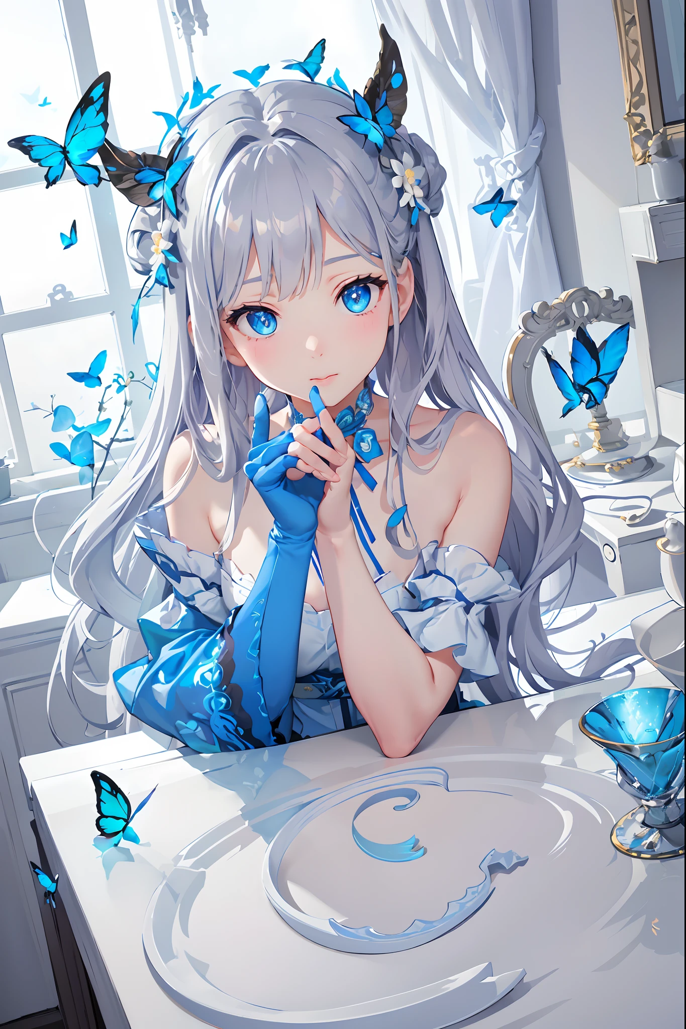 (Overhead Views),Dynamic Angle,Ultra Detail, Illustration, Close Up, Straight, One Girl, (Fantasy:1.4), (Azure Eyes:1.233),Her Eyes Glowed Like Dreamy Stars,(Glowing Eyes:1.233),(Beautiful and Delicate Eyes:1.1),(Silver Hair:1.14),(Unkempt Hair,Very Long Hair,Braids,Between Eyes,Side Locks), (+ (Bull Hair Flower: 1.14)),(Chiffon Dress,Blue Floral Pattern on Uniform)/=(Military Uniform: 1.24),(Sleeveless,Wide Sleeve),(Fingerless Gloves),Choker,(Priestess Niso),High Heels,(Expressionless,Mouth Closed),(Stingling),(Classic Princess Boudoir with Dressing Table and French Window in White Ancient Palace),(White Flower,Flower),(Deep Sea),(Flowing Water),(Dull Blue World Tree:1.14), (Ruins),(Night:1.2 ),Dreamy,Soul,(Fluorescence),(Translucent Blue Butterfly Fly:1.15),[[Delicate Fingers and Hands:0.55]::0.85],(Fine Fingers),(Yubao:0.5),