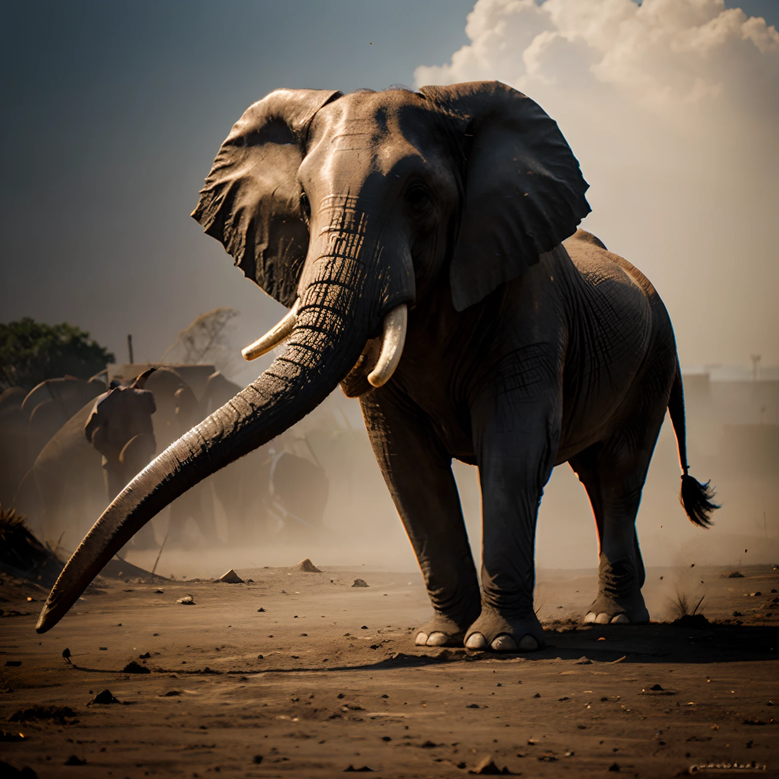 Make an elephant with a sword in its tusks