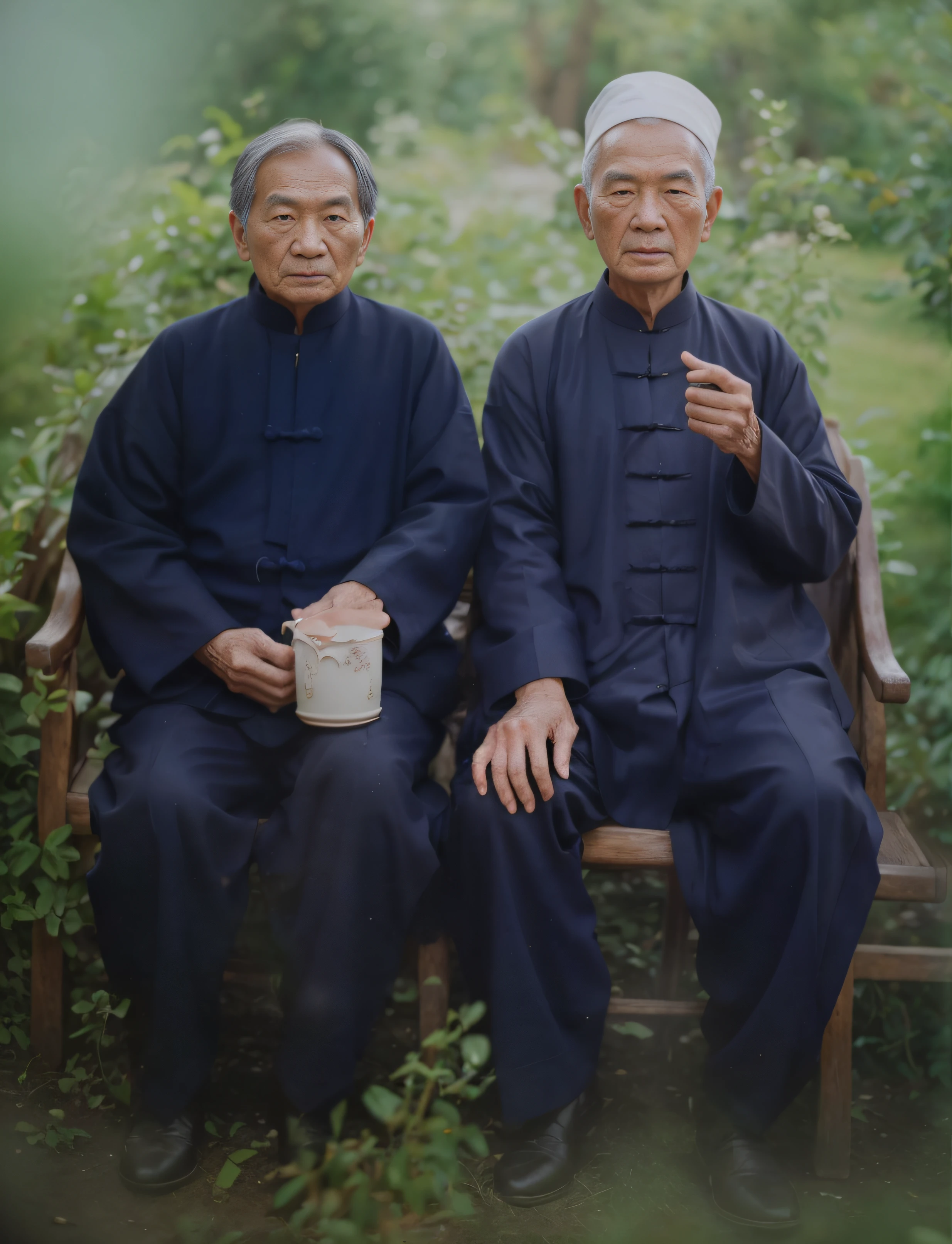 A group photo of an elderly Chinese couple,On the right is an 80-year-old grandmother,Single Eyelids,petty eyes,Face full of wrinkles,hair natural,Face emaciation,Wear traditional Chinese clothes,In his hand he was holding a well-proportioned cup the size of iron porcelain,The fingers are the right size,No extra fingers,Hand real,Sit on a wooden chair,On the left is an 80-year-old grandfather,Face full of wrinkles,without a beard,Good facial features,Symmetrical facial features,The ears are symmetrical and clear,Ultra-clear and realistic facial features,A white towel is wrapped around his head,He is wearing traditional Chinese clothing,The texture of the clothes is clear,Ultra-clear texture,Camera shooting effect,Light and shadow are natural,symmetrical clothes,Clothing buttons are evenly distributed,Ultra-clear and realistic,In his left hand, he held a cane and pestle on the ground,sit on chair,8K,Very detailed eyes and face,hyper-detailing, High definition, Very detailed, There are meadows under your feet,The background is a grove,Best quality, Masterpiece, , Realistis, Real, 8K wallpaper,Background details for foreground objects (Masterpiece: 1.2) (Photorealistic: 1.2) (Bokeh: 1.2) (Best quality) (Color grading) (Detailed skins: 1.3) (complex) (8K)(Movie lighting: 1.3) (Sharp focus), Glossy glossy skin, Front Ultra HD, Digital SLR, Soft lighting, High quality, Skin texture, filmgrain, Close up, 超高分辨率,no extra finger