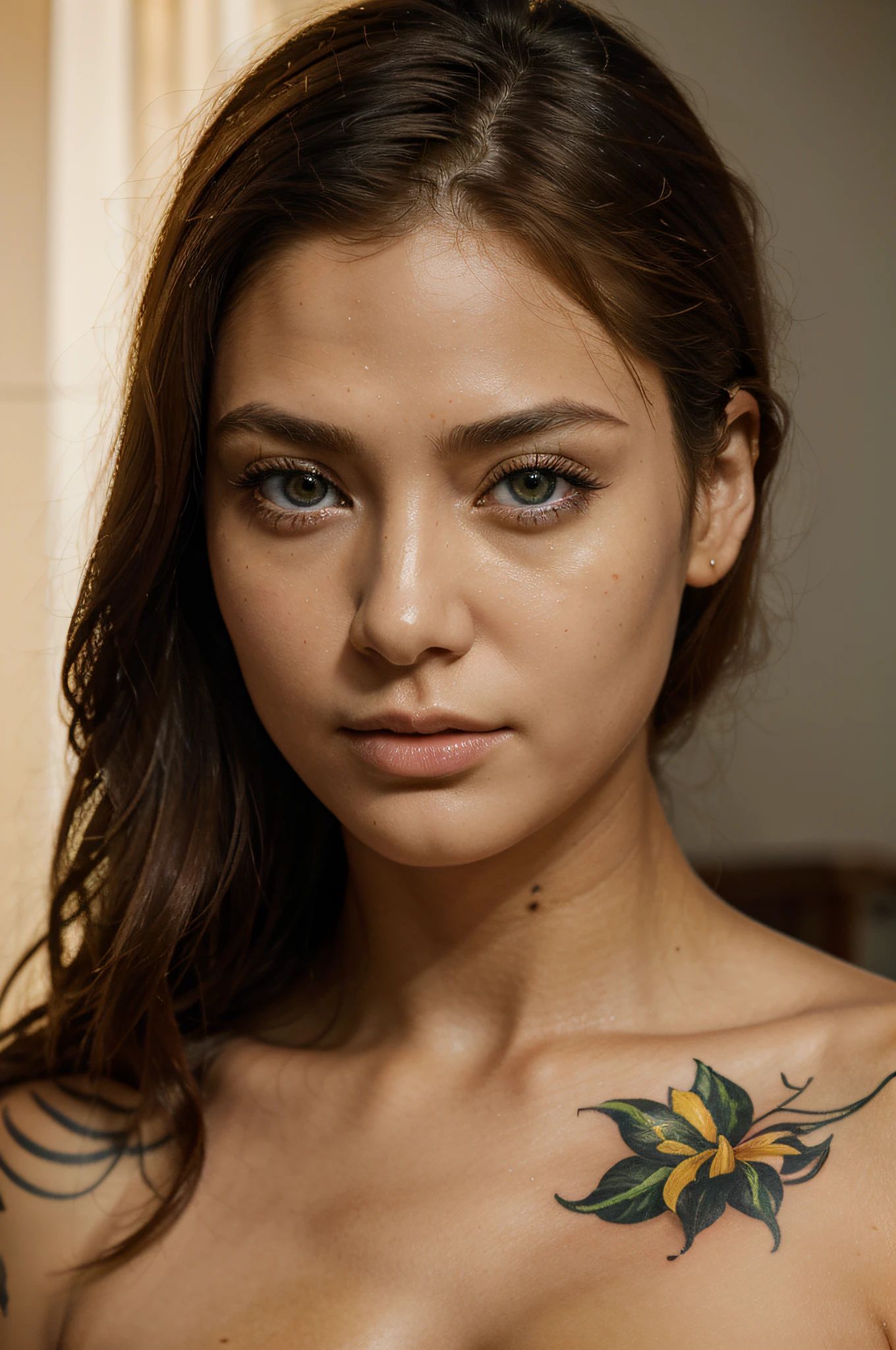 (((Masterpiece))), (((Best quality: 1.4))), ((Super detail: 1.4)) , Ultra-detailed gouache painting of female Tiflin, Gorgeous exotic, Amber neon eyes:1.5, Orange hair, Ultra-detailed facial features, Expressive face, Detailed textures, blue skin color, Tattoos, Natural skin shader, volumetry, Warm undertones under her skin, 超高分辨率