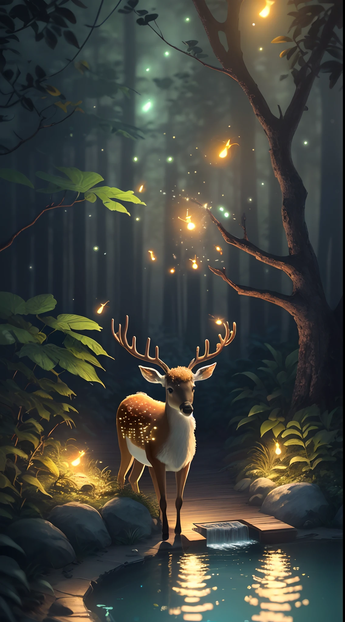 Masterpiece, best quality, (very detailed CG unity 8k wallpaper), (best quality), (best illustration), (best shadows), glow sprite, with a glowing deer, in the swimming pool Drinking water, natural elements in the forest theme. Mysterious forest, beautiful forest, nature, surrounded by flowers, delicate leaves and branches surrounded by fireflies (natural elements), (jungle theme), (leaves), (twigs), (fireflies), (particle effects) etc. 3D , Octane rendering, ray tracing, super detailed