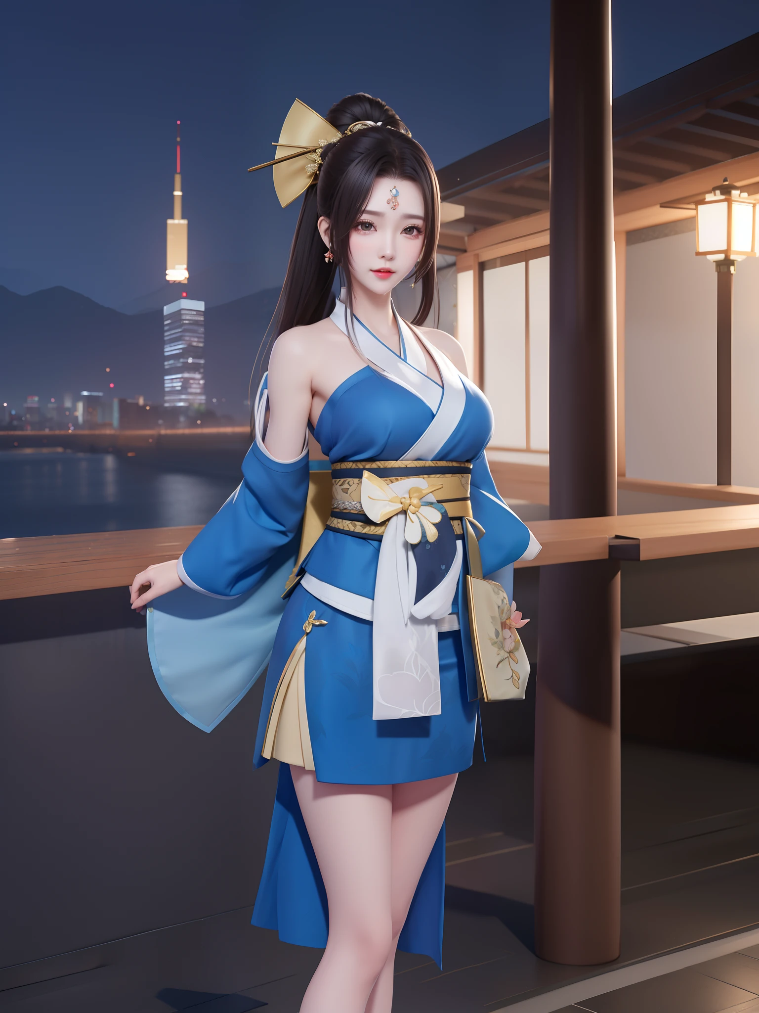 1girl, mature female, looking at viewer, cityscape, morning, WZRYhuowuMY,hair ornament, sash, bow,jewelry, kimono, short skirt,forehead mark, hait stick,high ponytail, arms behind back, bare shoulders, full body workout,