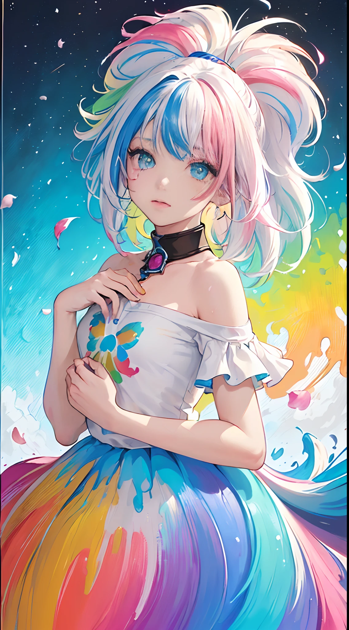 (Pink Fashion T-shirt:1.9),(Colorful hair: 1.8), (all the colours of the rainbow: 1.8),(((((vertical painting:1.6))), (painting:1.6),front, comics, illustrations, paintings, large eyes, crystal clear eyes,( rainbow color gradient high ponytail:1.7), exquisite makeup, closed mouth,(Small Fresh: 1.5),(Wipe Chest: 1.6) ,long eyelashes, white off shoulder T-shirt, White Shoulder Shirt,looking at the audience, large watery eyes, (rainbow colored hair:1.6), color splash, (solo:1.8), color splash, color explosion, thick paint style, messy lines, ((shining)),(colorful), (colorful), (colorful), colorful, Thick Paint Style, (Splash) (Color Splash), Vertical Painting, Upper Body, Paint Splash, Acrylic Pigment, Gradient, Paint, Highest Image Quality, Highest Quality, Masterpiece, Solo, Depth of Field, Face Paint, colorful clothes, (Elegant: 1.2), gorgeous,long hair, wind, (Elegant: 1.3), (Petals: 1.4),(((masterpiece))),(((best quality))),((ultra-detailed)),(illustration),(dynamic angle),((floating)),(paint),((disheveled hair)),(solo),(1girl) , (((detailed anima face))),((beautiful detailed face)),collar,bare shoulders,white hair, ((colorful hair)),((streaked hair)),beautiful detailed eyes,(Gradient color eyes),(((colorful eyes))),(((colorful background))),(((high saturation))),(((surrounded by colorful splashes))),