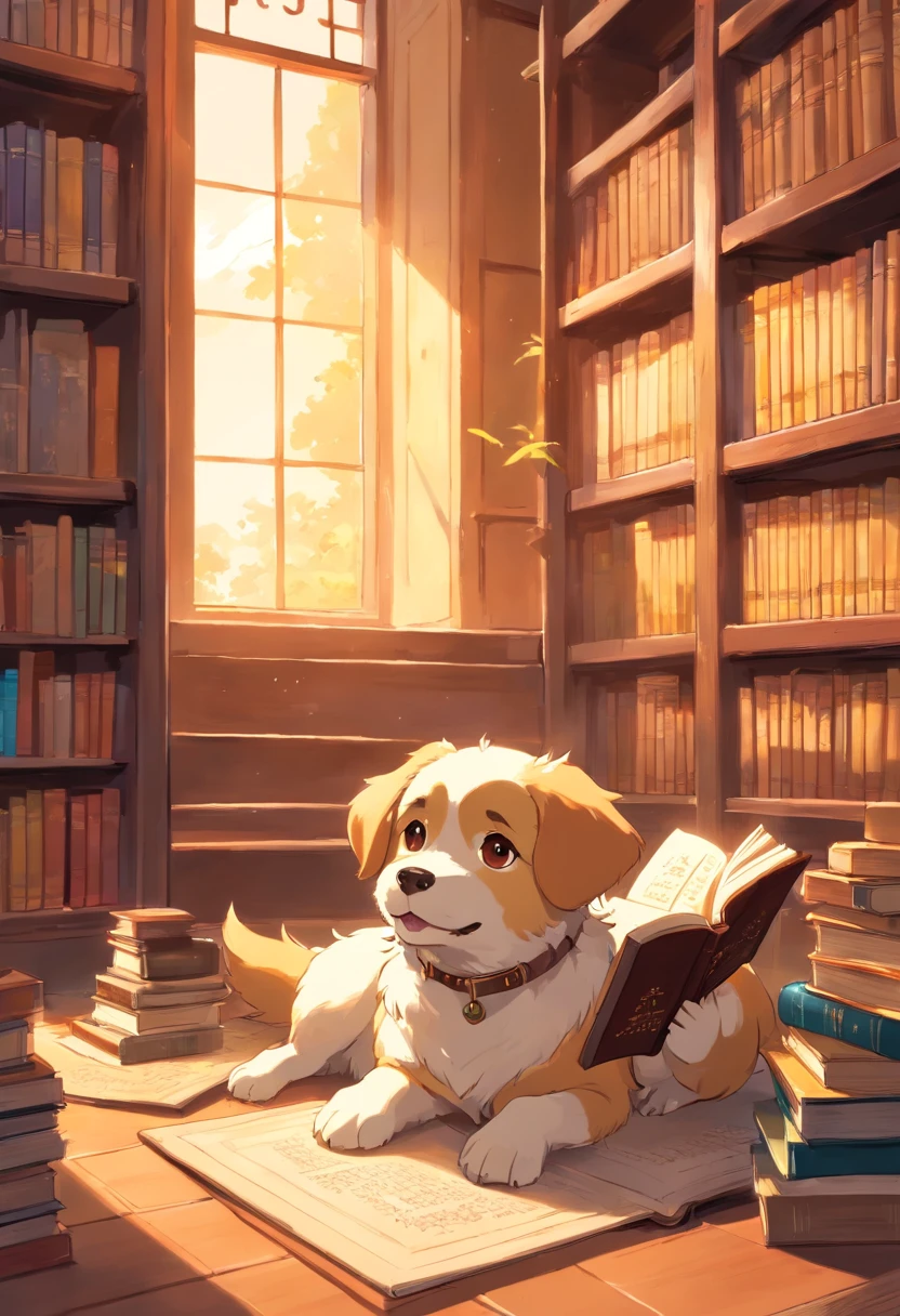 (a cute dog),(reading in a library),(sunlight coming through the window),bookshelves,wooden desks,quiet atmosphere,classical music playing in the background,cozy corner,comfortable armchair,warm lighting,stack of books,open book,dog lying on the floor,tail wagging,happy expression,endearing eyes,fluffy fur,dog collar