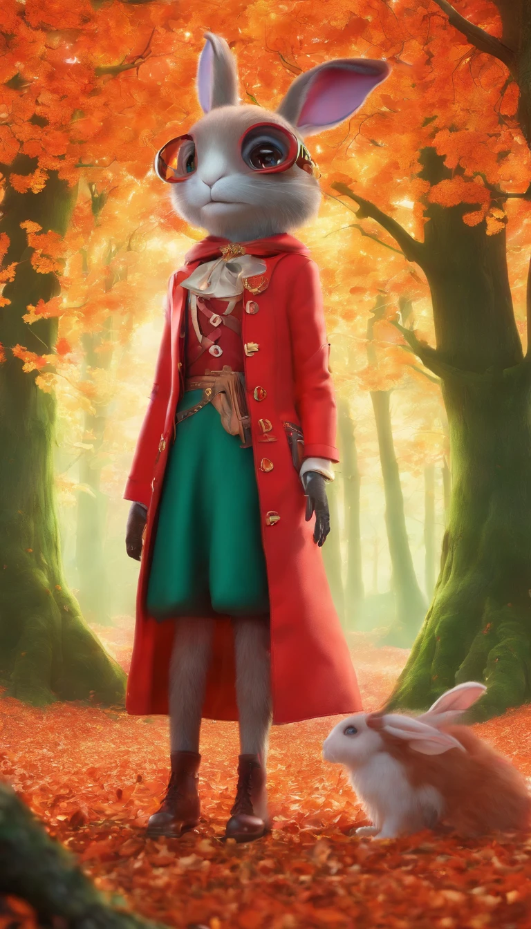 a 3D render (Photograph of an adventurous rabbit sister standing on a path in the autumn leaves), Full body,side view,hairy, Clear and beautiful face, Big green bright eyes, Binoculars hanging from her chest, Sister Rabbit wears a green and fashionable adventure outfit, Red hiking boots on his feet, , cute ears, Red and green camping hats, fashionable sunglasses, Carry a green shoulder bag with you, trowels, Camping gear, A compass associated with many adventure tools,
Curious to explore expressions, Cartoon, 4D, Fox,cartoony,
Background: Autumn Leaf Forest Trail Red Forest, autumn forest, red illuminating fog, In a red dream, really beautiful forest, Beautiful forest, Beautiful hazy wood, Red shade spray, Breathable and beautiful trees, breath-taking beautiful trees, red fog, beautiful forests and trees, Bright but dark red, red trees,concept art of character,Photography,Clear facial features,A beautiful painting by Alphonse Mucha,Pixar style,Cartoon style,beatrix potter (beatrix potter) 's illustration,Works by Art Guéran,Masterpiece,Matte painting,dreamlike realism,magic realism,Dreamlike,author:Owen Blumenfeld,petra collins,author:natalia drepina,Dreamy atmosphere,Whimsical atmosphere,Ethereal atmosphere,Romantic atmosphere,illusory engine,Quixel Megascans Render,v-ray,UE5,High detail,hyper qualit,high resolution,trending on artstationh,8K16K,hyper photorealism,Depth of field (degrees of freedom),cinema shot,Beautiful lighting, --AR 9:16 --style raw --uplight