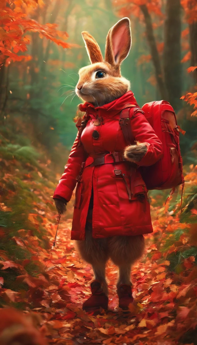 a 3D render (Photograph of an adventurous rabbit sister standing on a path in the autumn leaves), Full body,side view,hairy, Clear and beautiful face, Big green bright eyes, Binoculars hanging from her chest, Sister Rabbit wears a green and fashionable adventure outfit, Red hiking boots on his feet, , cute ears, Red and green camping hats, fashionable sunglasses, Carry a green shoulder bag with you, trowels, Camping gear, A compass associated with many adventure tools,
Curious to explore expressions, Cartoon, 4D, Fox,cartoony,
Background: Autumn Leaf Forest Trail Red Forest, autumn forest, red illuminating fog, In a red dream, really beautiful forest, Beautiful forest, Beautiful hazy wood, Red shade spray, Breathable and beautiful trees, breath-taking beautiful trees, red fog, beautiful forests and trees, Bright but dark red, red trees,concept art of character,Photography,Clear facial features,A beautiful painting by Alphonse Mucha,Pixar style,Cartoon style,beatrix potter (beatrix potter) 's illustration,Works by Art Guéran,Masterpiece,Matte painting,dreamlike realism,magic realism,Dreamlike,author:Owen Blumenfeld,petra collins,author:natalia drepina,Dreamy atmosphere,Whimsical atmosphere,Ethereal atmosphere,Romantic atmosphere,illusory engine,Quixel Megascans Render,v-ray,UE5,High detail,hyper qualit,high resolution,trending on artstationh,8K16K,hyper photorealism,Depth of field (degrees of freedom),cinema shot,Beautiful lighting, --AR 9:16 --style raw --uplight
