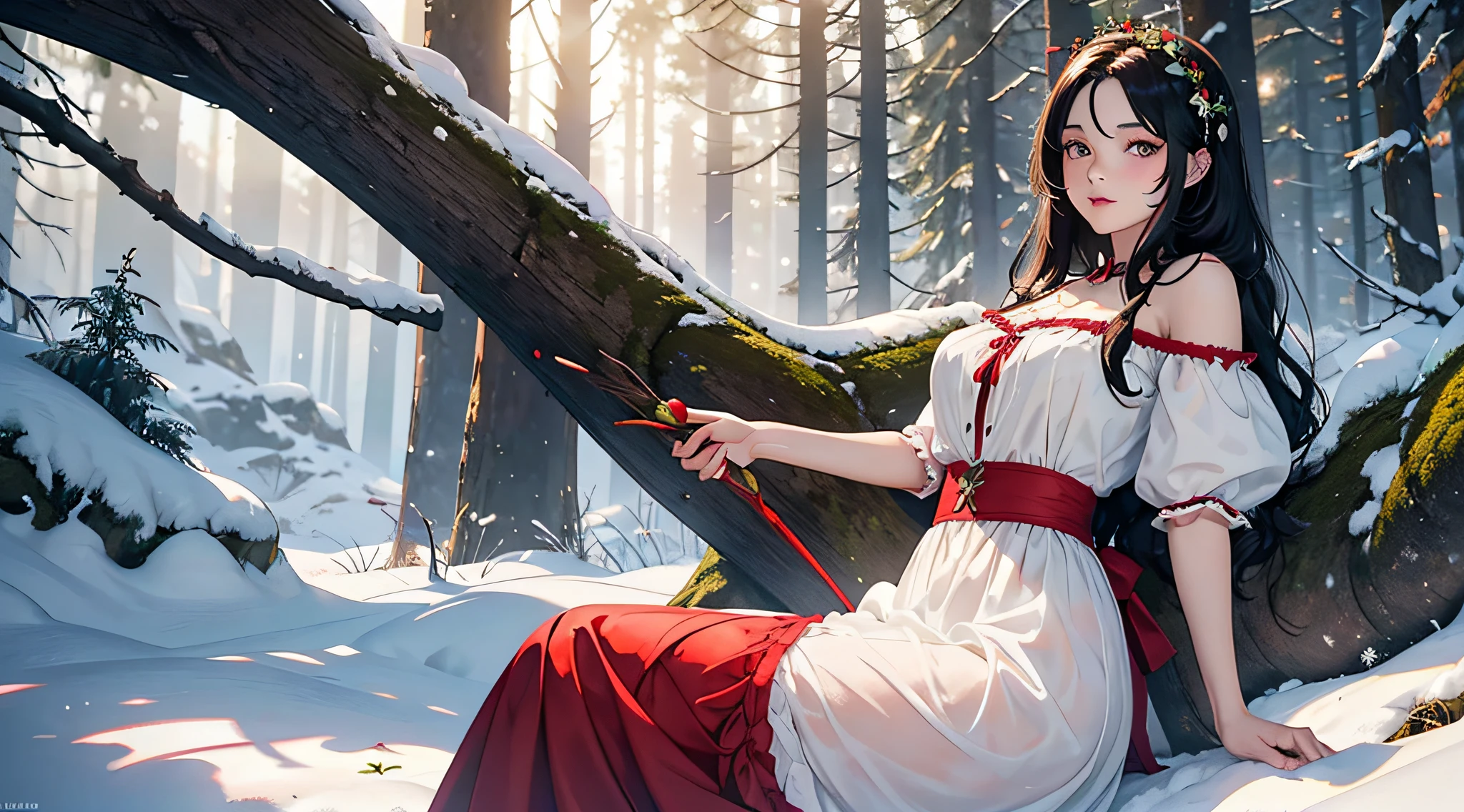 1 Girl in Picture, Snow White, 14 Jahre, Schwarze Haare, Rote Schleife im Haar, yellow White Dress, rote Wangen, rote Lippen Apfel, Apfel in Hand, Braune Augen, Niedlich, im Wald, liegend, sexy pose