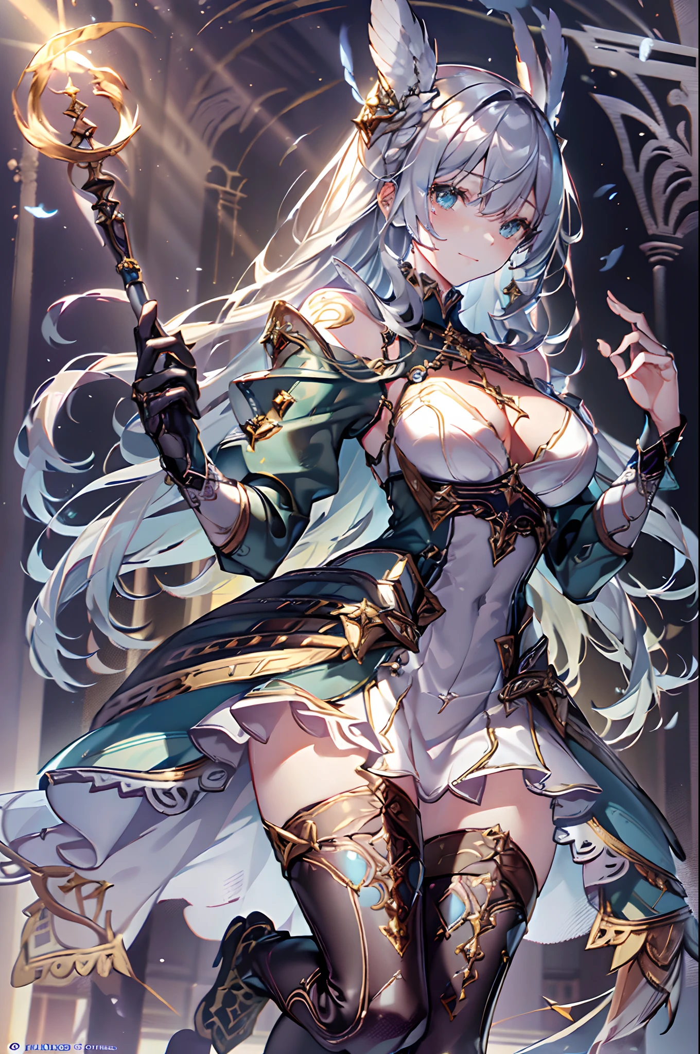 (Official art、Best Quality、Unity 8k Wallpapers、32K、masterpiece、ultra-detailliert、超A high resolution、The best illustrations、Very ridiculous:1.2)、(Cinematic lighting:1.2)、Fireglow effect、film grains、Best Shadows、Rim lighting、side lights、(Ultra-detailed and complex 3D rendering)、Detailed beautiful face and eyes、Sharp pupils、Realistic pupils、A slender、1Man Woman、Medium bust、(Full body:1.2)、 beauitful face、16-year-old beautiful girl、(super detailed skin、detailed skin textures:1.3)、(silver blond、Blue-silver hair:1.3)、Paladin、Longhaire、Blunt bangs、Green eyes、3 braids in 1 bunch、(Blue Armor、Blue Boots、Blue helmet、Jeweled、Gold embroidery)、A slender、a miniskirt、(thighs thighs thighs thighs:0.8)、(chies、in a house、Artistic stained glass、Large pipe organ、Hello Point、Mystical、a lot of feathers float、angelicales、Particles of light、solemnity、Sunlight is、colourfull、Fantastical:1.2)、(Fantastical:1.3)、(Holding the Holy Sword:1.0)、Fantastical、Smiling smile